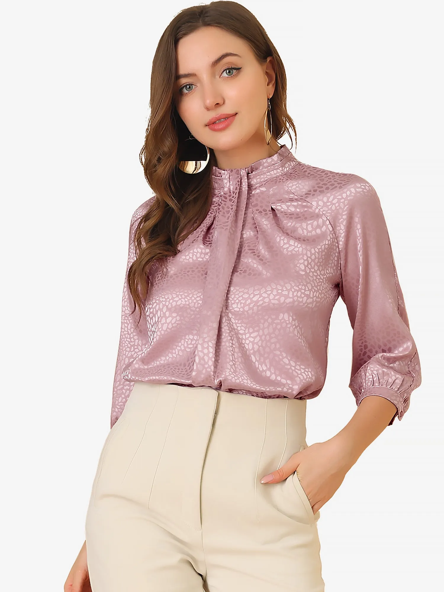 Elegant Satin 3/4 Sleeve Blouse Pleated High Collar Work Top sold by Allegra K