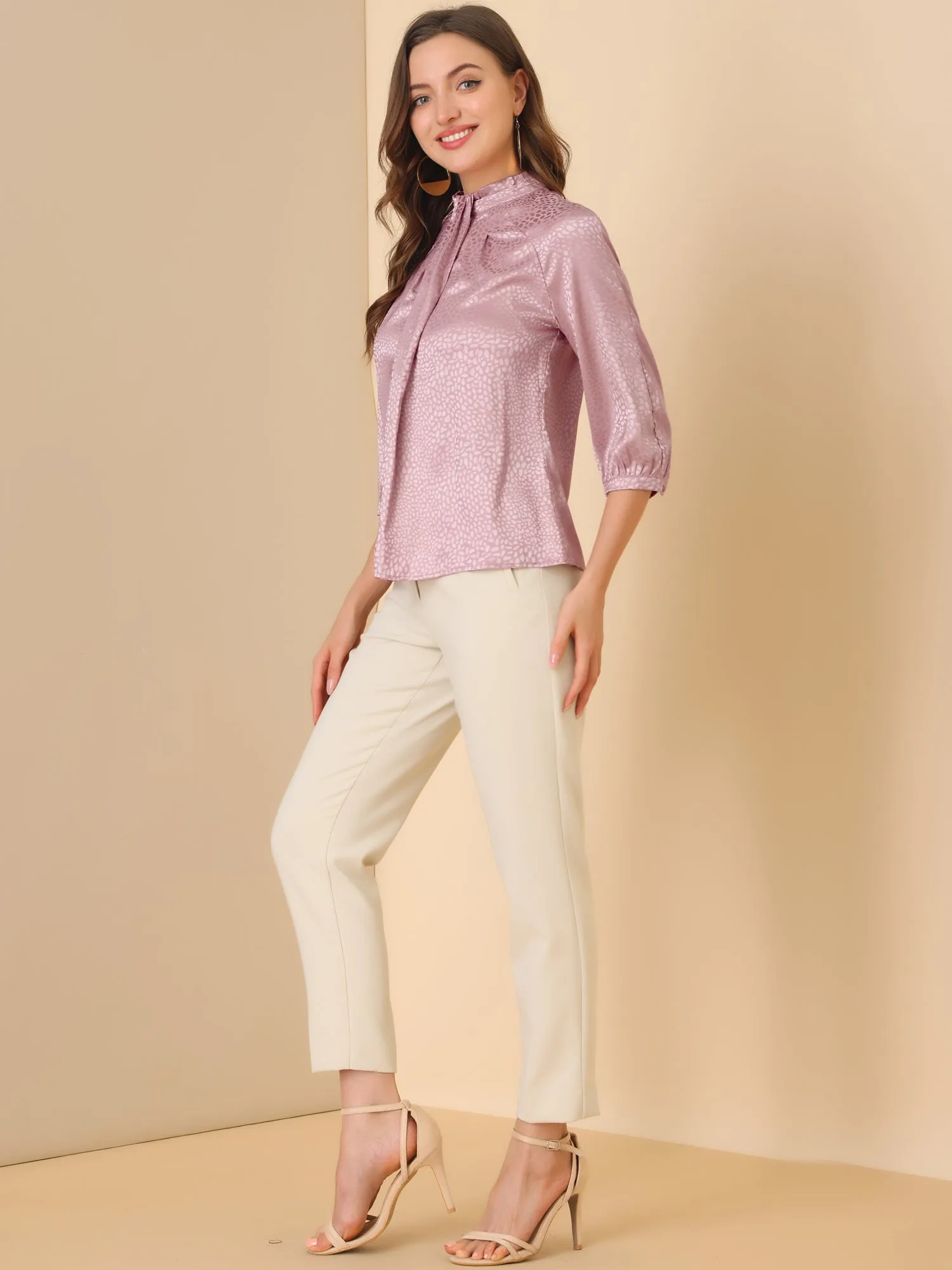 Elegant Satin 3/4 Sleeve Blouse Pleated High Collar Work Top sold by Allegra K product image thumbnail 4