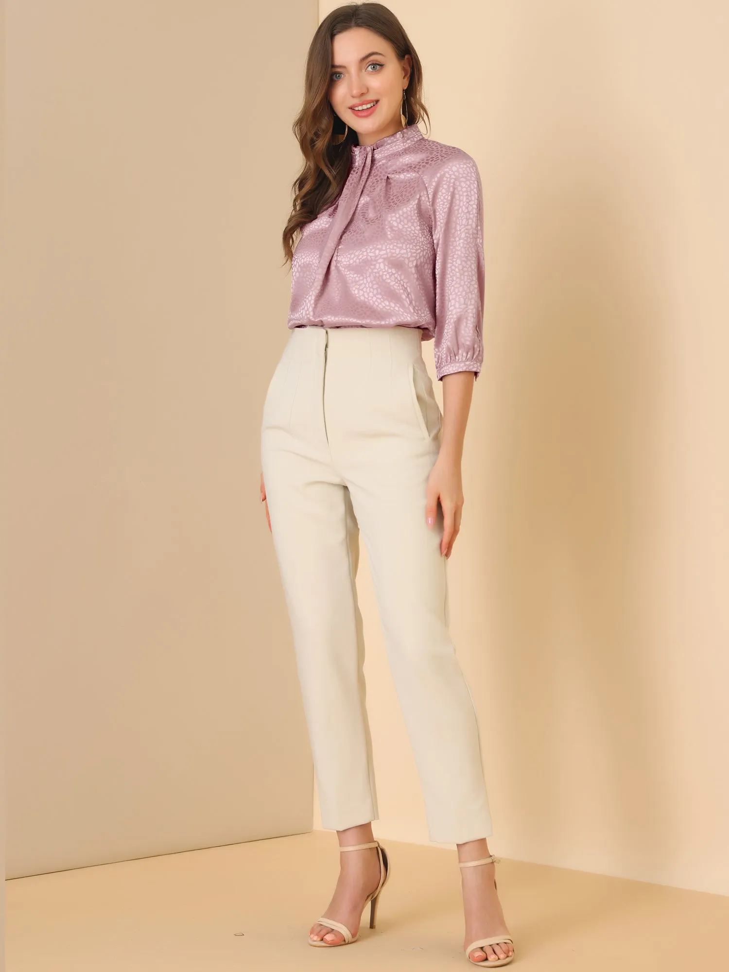 Elegant Satin 3/4 Sleeve Blouse Pleated High Collar Work Top sold by Allegra K product image thumbnail 3