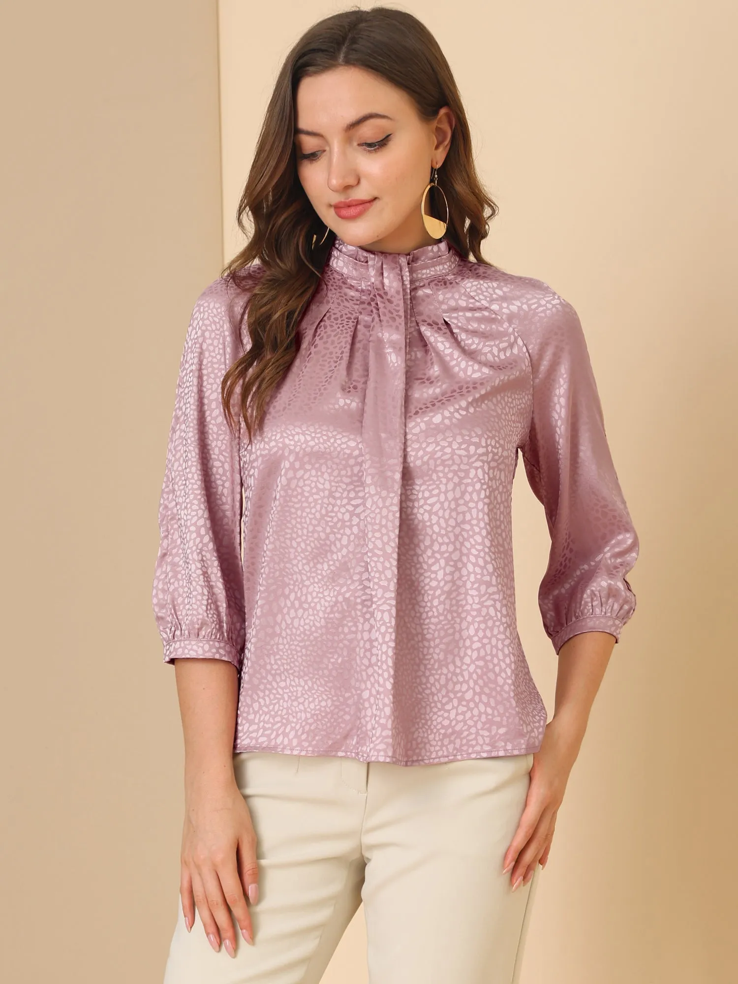 Elegant Satin 3/4 Sleeve Blouse Pleated High Collar Work Top sold by Allegra K product image thumbnail 2