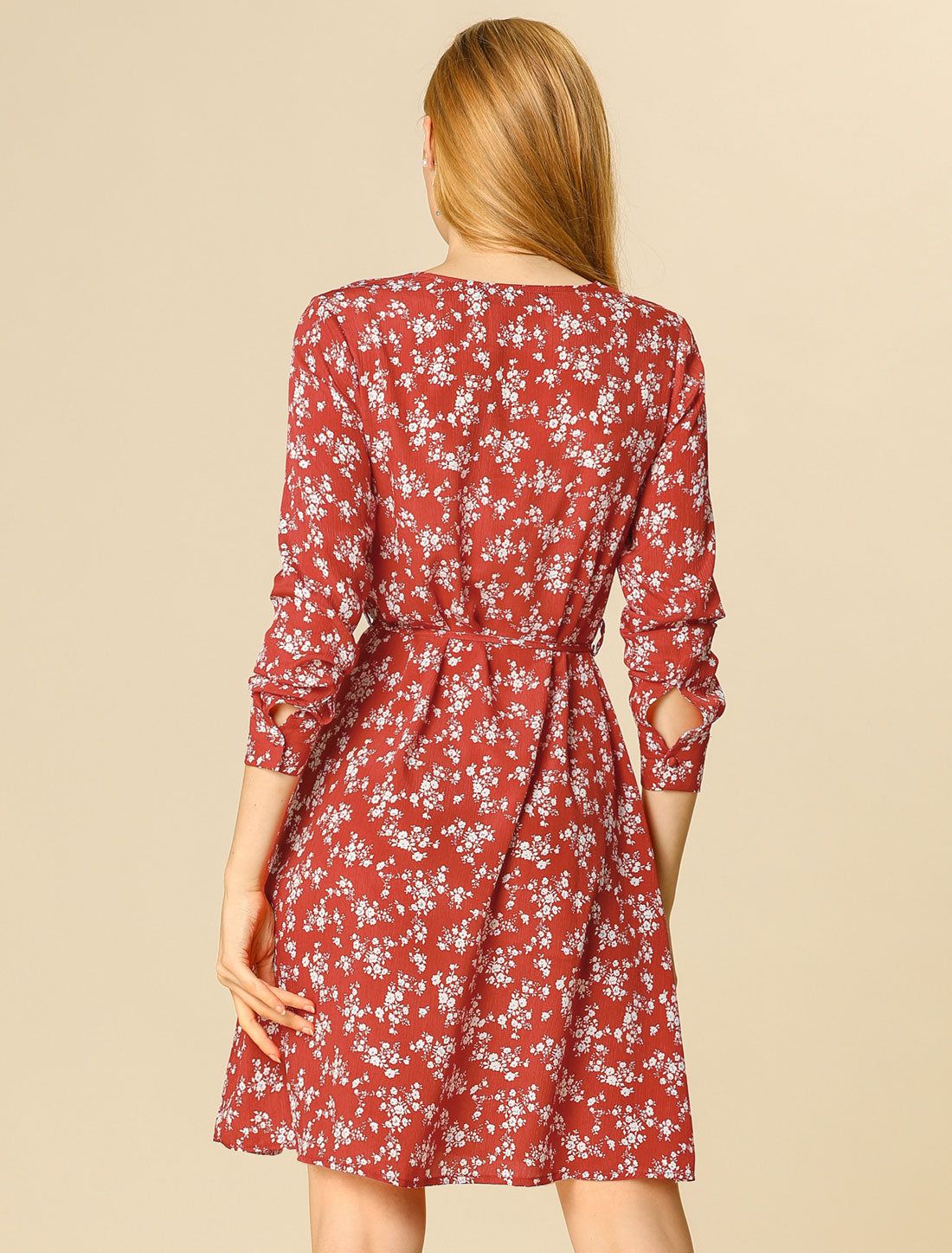 A-line V Neck Pleated Detail Belted Floral Dress sold by Allegra K product image thumbnail 4