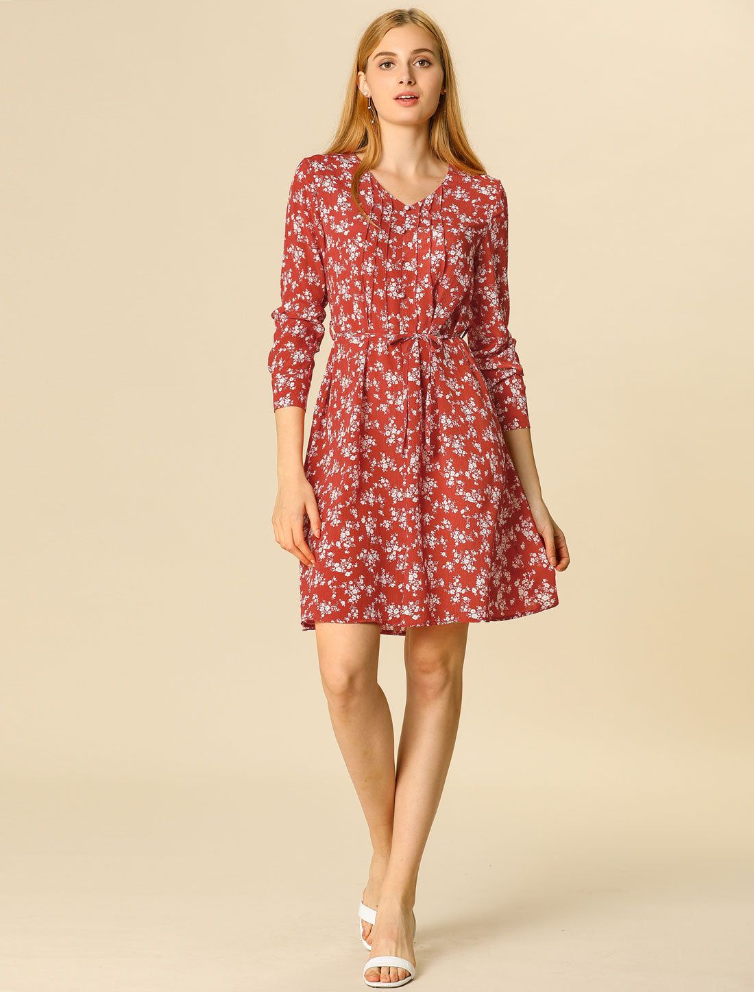 A-line V Neck Pleated Detail Belted Floral Dress sold by Allegra K product image thumbnail 3
