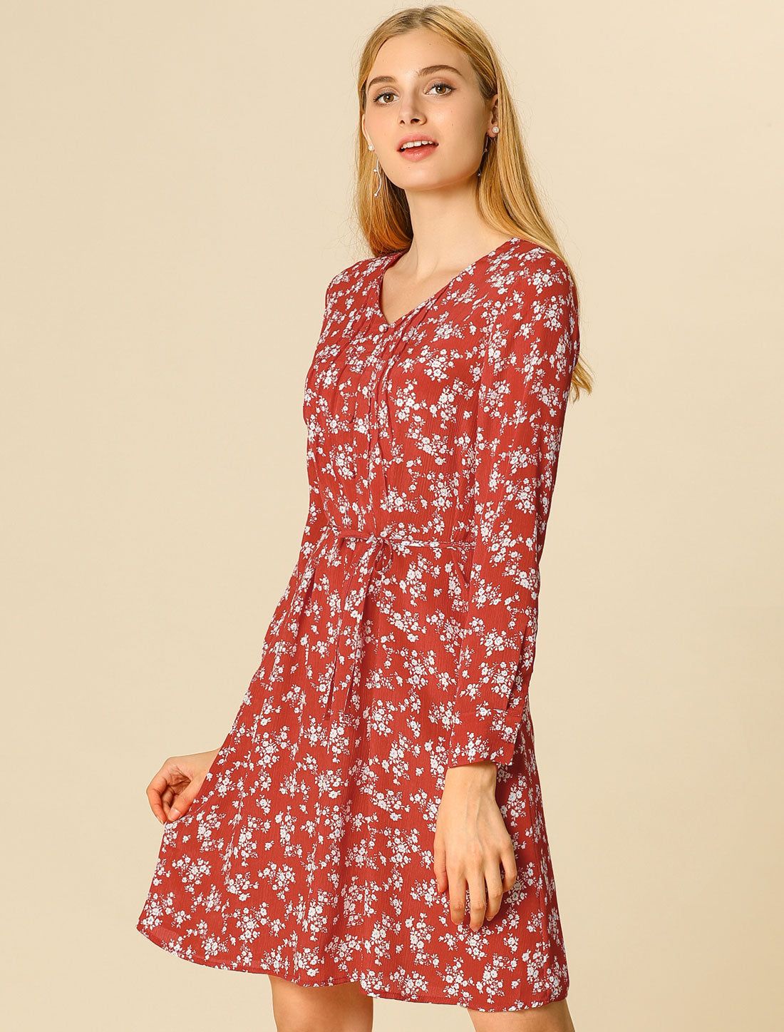 A-line V Neck Pleated Detail Belted Floral Dress sold by Allegra K