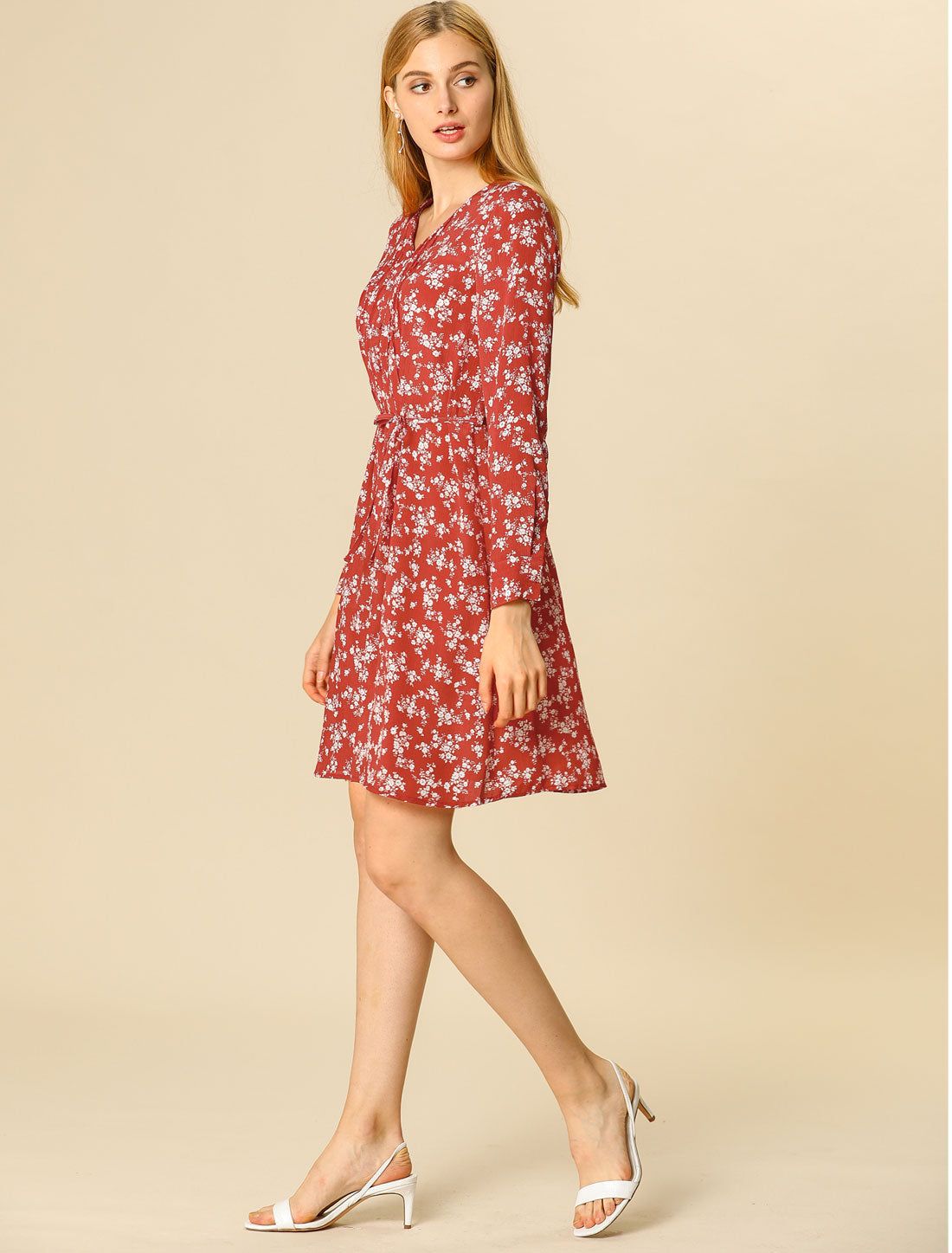 A-line V Neck Pleated Detail Belted Floral Dress sold by Allegra K product image thumbnail 2