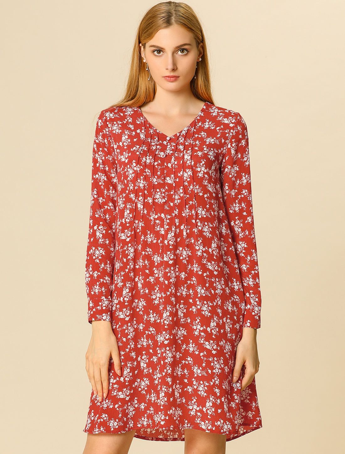 A-line V Neck Pleated Detail Belted Floral Dress sold by Allegra K product image thumbnail 5