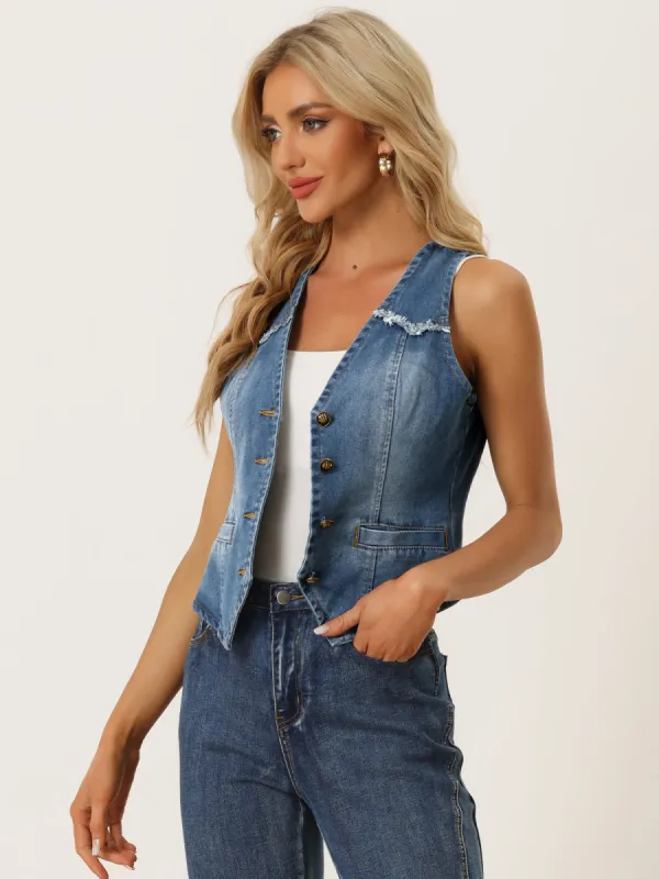Denim Vest Sleeveless Collarless Washed Distressed Jean Jacket sold by Allegra K