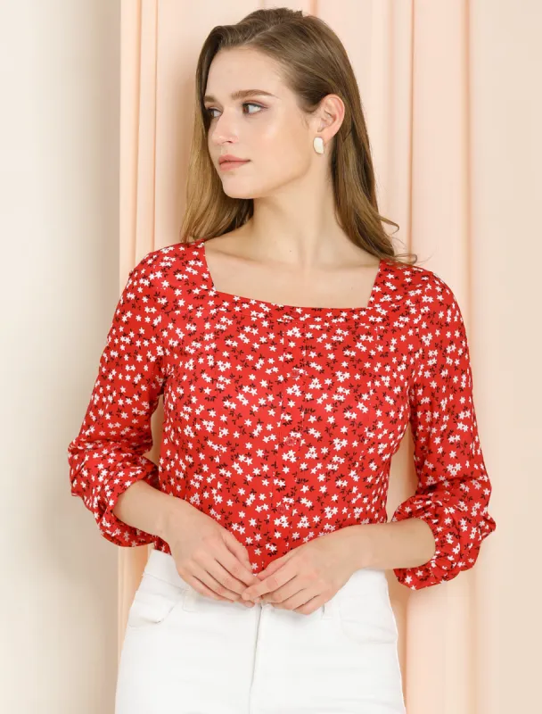 Slim Fit Square Neck Elegant Vintage Long Sleeve Chiffon Floral Tops sold by Allegra K
