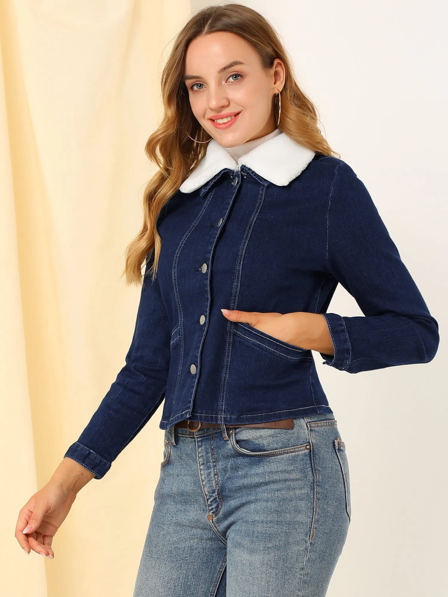 Button Down Long Sleeve Detachable Sherpa Collar Denim Jacket sold by Allegra K product image thumbnail 3