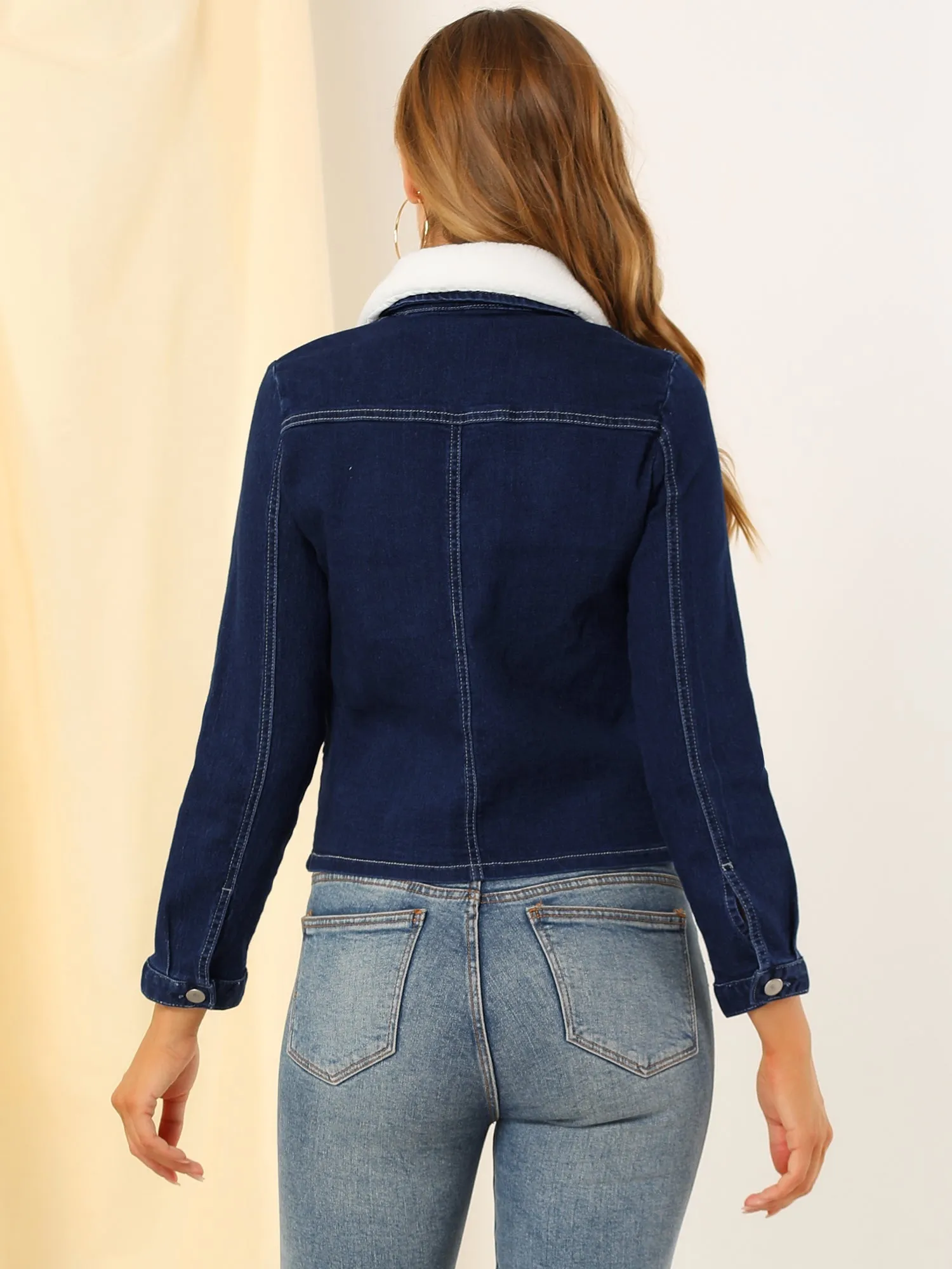Button Down Long Sleeve Detachable Sherpa Collar Denim Jacket sold by Allegra K product image thumbnail 4