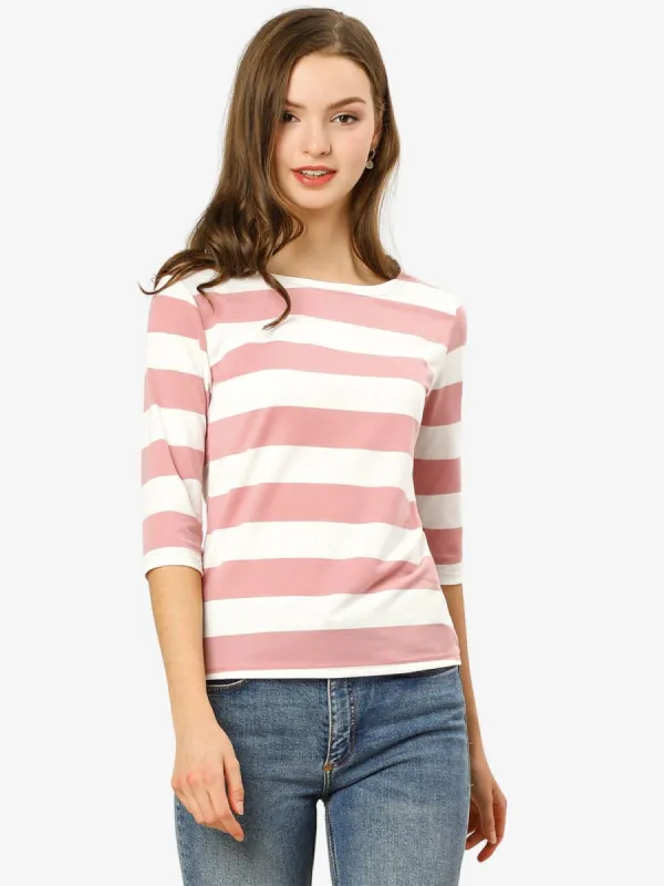 Striped 3/4 Sleeve Casual Basic Boat Neck T-shirt sold by Allegra K