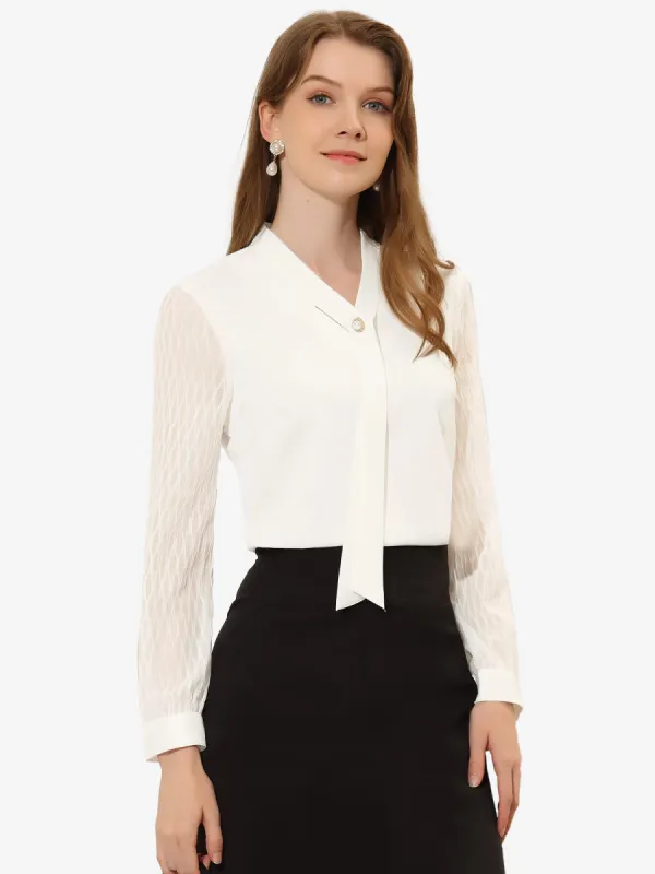 Tie Neck Blouse Button Decor Long Sleeve Work Top sold by Allegra K