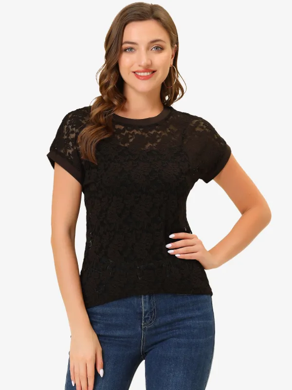 Lace Floral Curved Hem Short Sleeve See Through Blouse sold by Allegra K