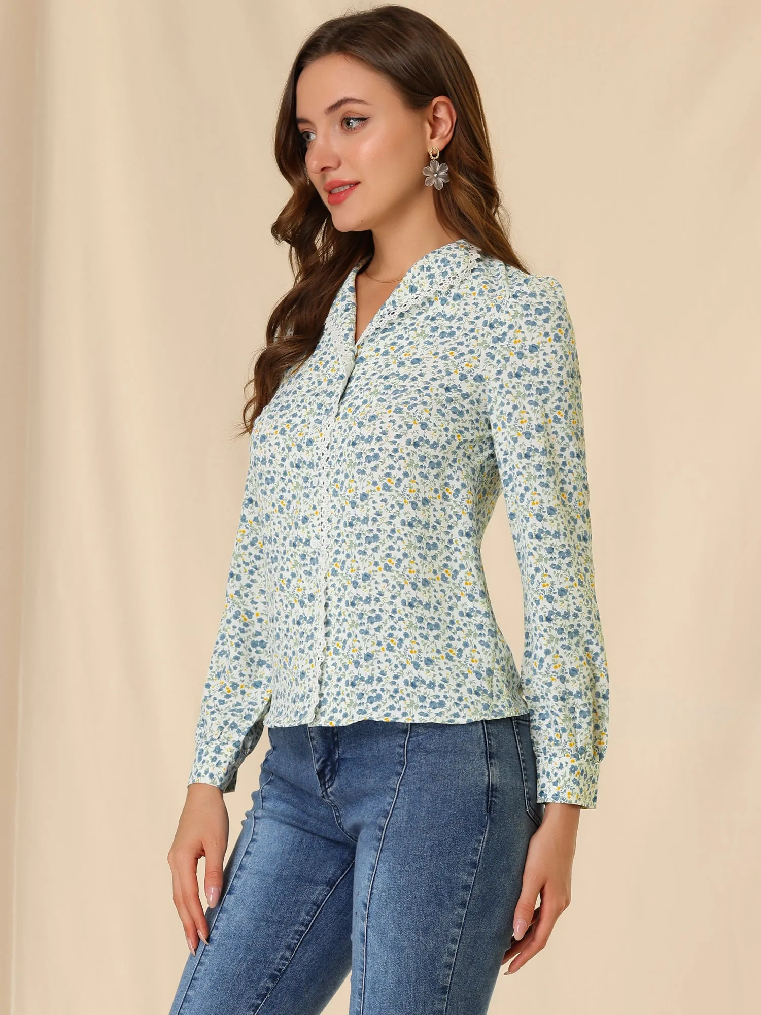 Vintage Button Up Shirt Peasant Flat Collar Floral Blouse sold by Allegra K product image thumbnail 3