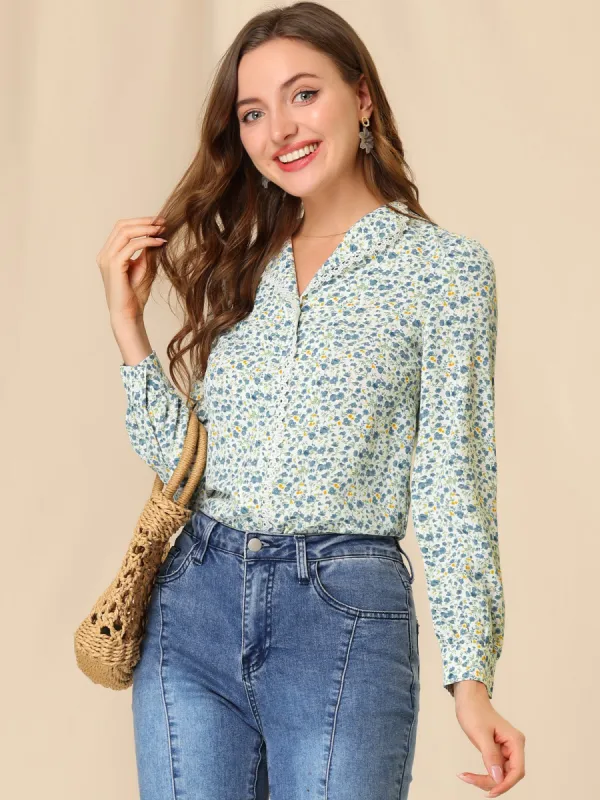 Vintage Button Up Shirt Peasant Flat Collar Floral Blouse sold by Allegra K