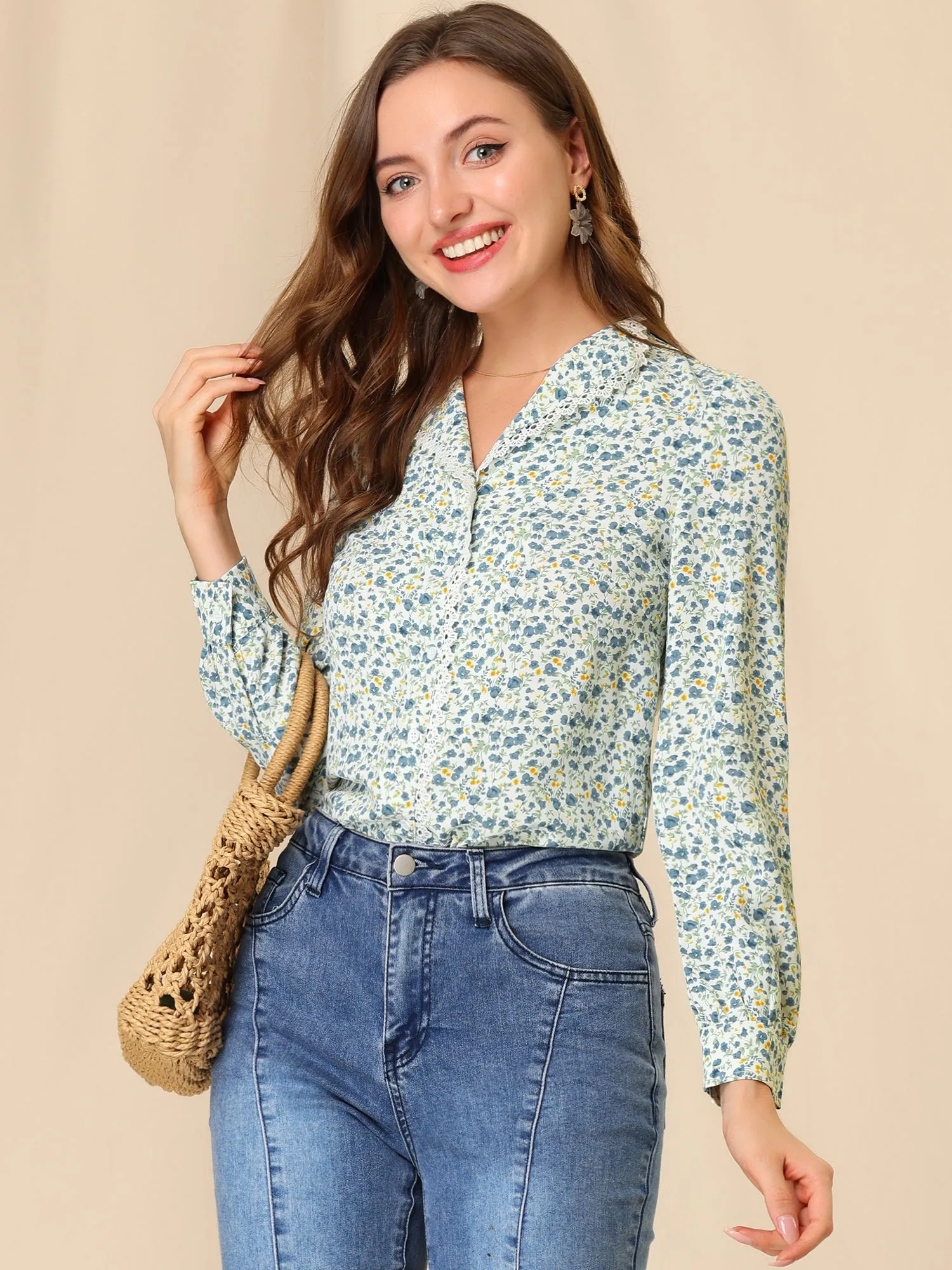 Vintage Button Up Shirt Peasant Flat Collar Floral Blouse sold by Allegra K