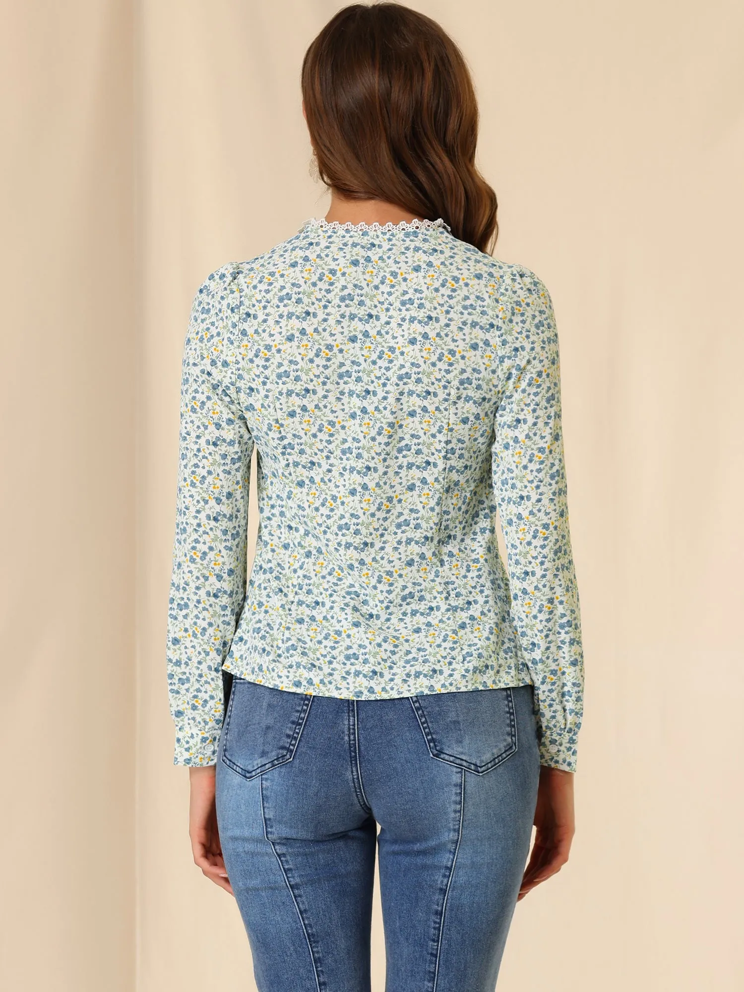 Vintage Button Up Shirt Peasant Flat Collar Floral Blouse sold by Allegra K product image thumbnail 4