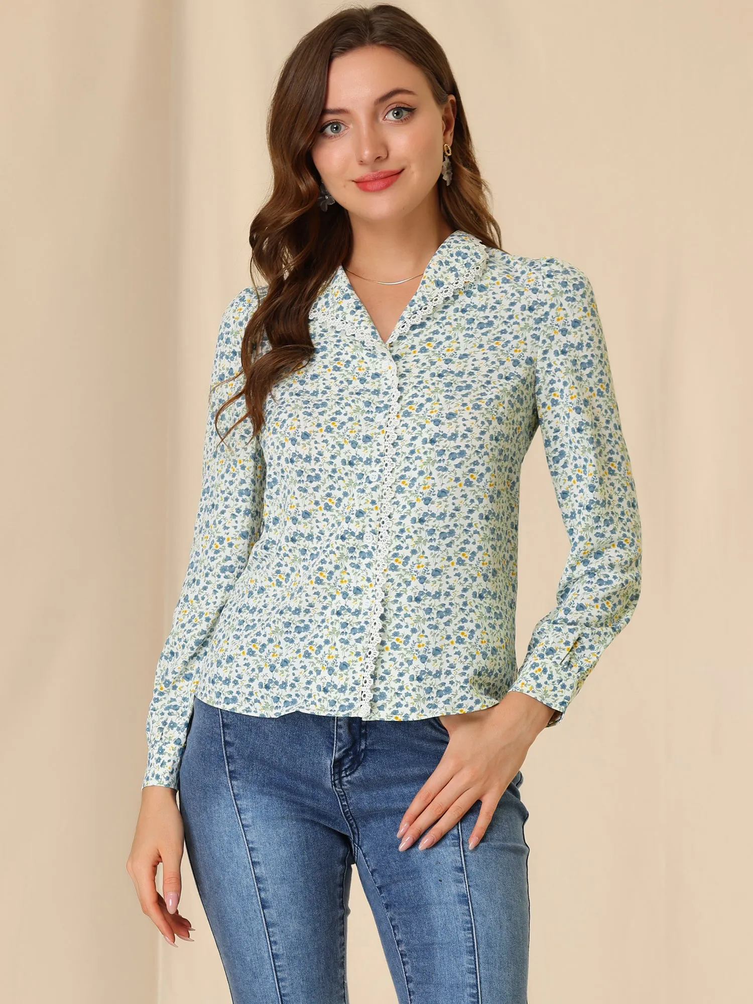 Vintage Button Up Shirt Peasant Flat Collar Floral Blouse sold by Allegra K product image thumbnail 2