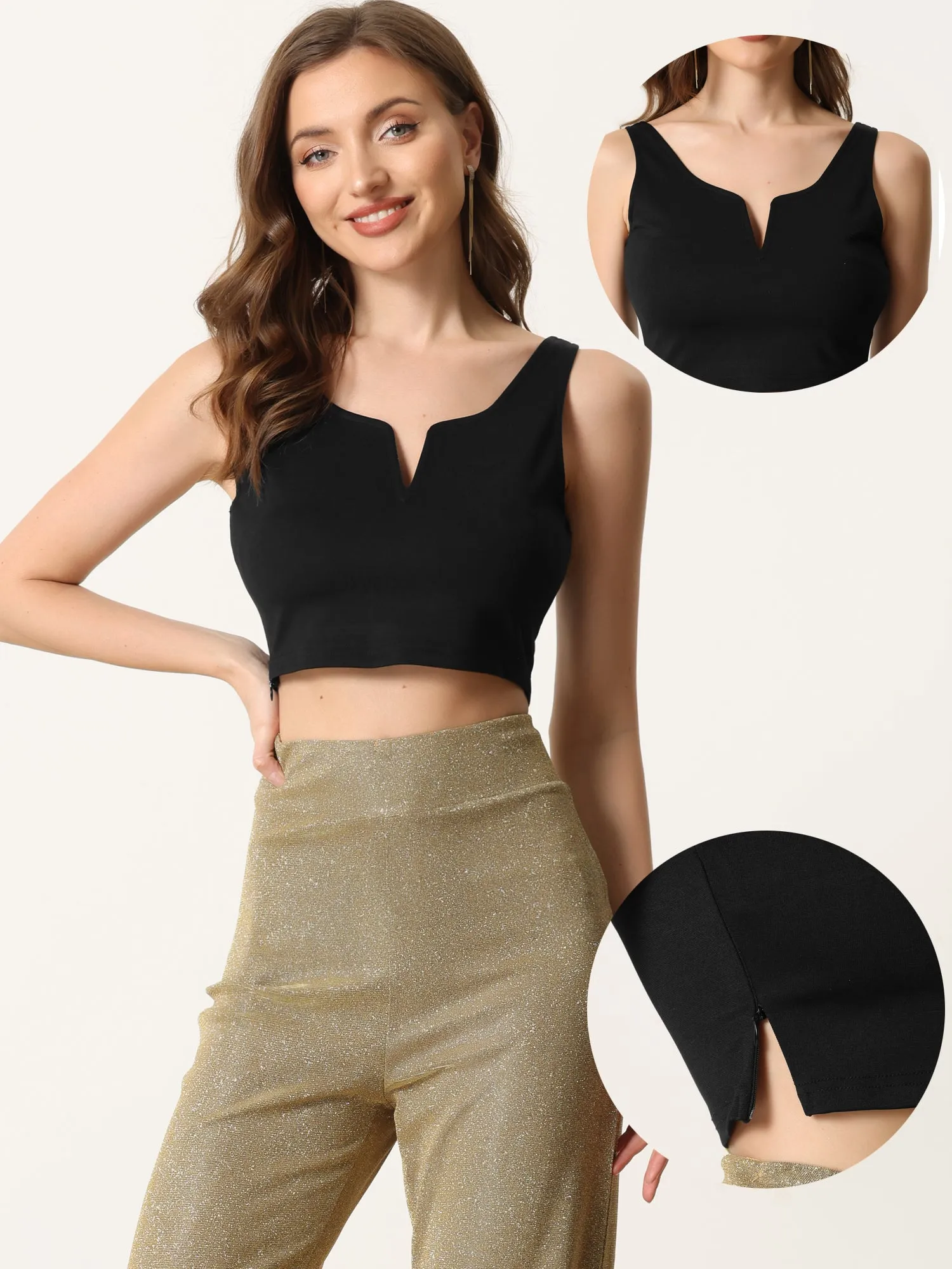 Sleeveless Cropped Top Sexy Deep V Neck Side Zip Casual Tank Tops sold by Allegra K product image thumbnail 2