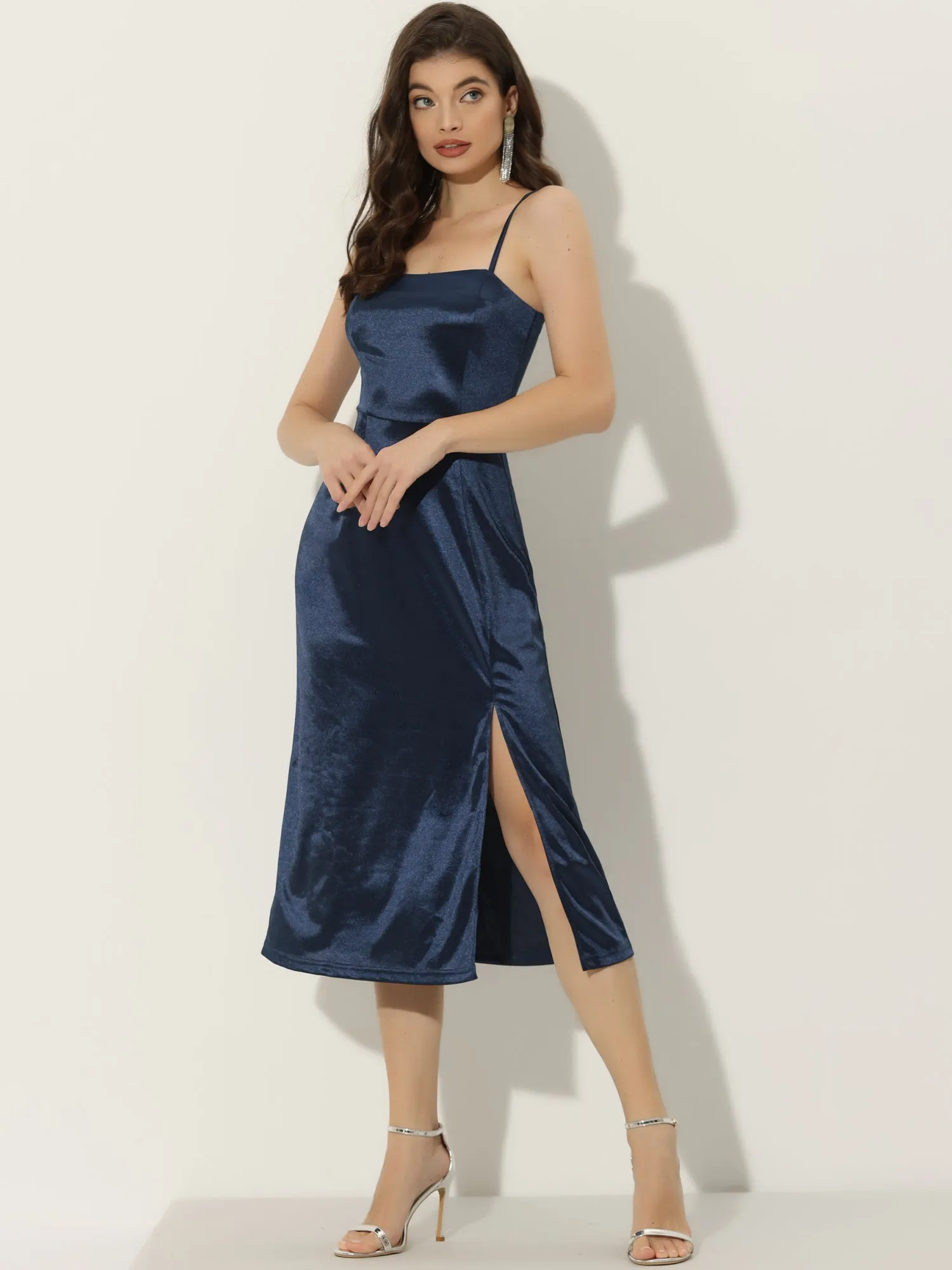 Satin Sleeveless Spaghetti Strap Slit Hem Cocktail Party Cami Dress sold by Allegra K