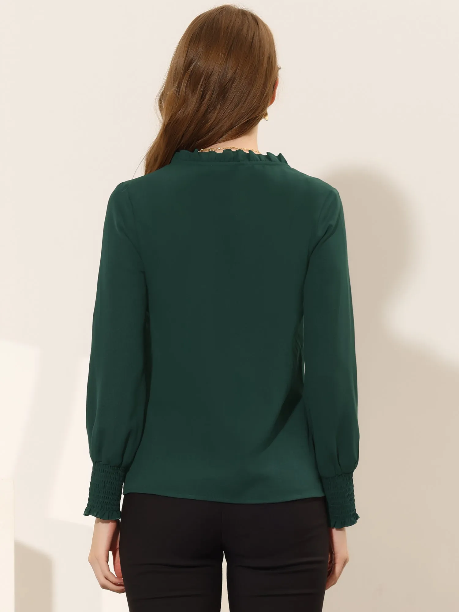 Office Shirt V Neck Smocked Long Sleeve Solid Chiffon Blouse sold by Allegra K product image thumbnail 5