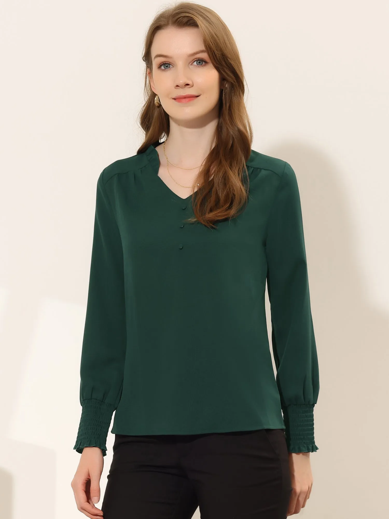 Office Shirt V Neck Smocked Long Sleeve Solid Chiffon Blouse sold by Allegra K product image thumbnail 4