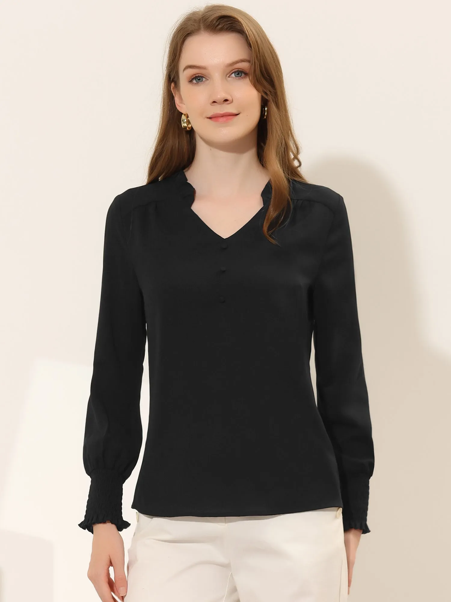 Office Shirt V Neck Smocked Long Sleeve Solid Chiffon Blouse sold by Allegra K