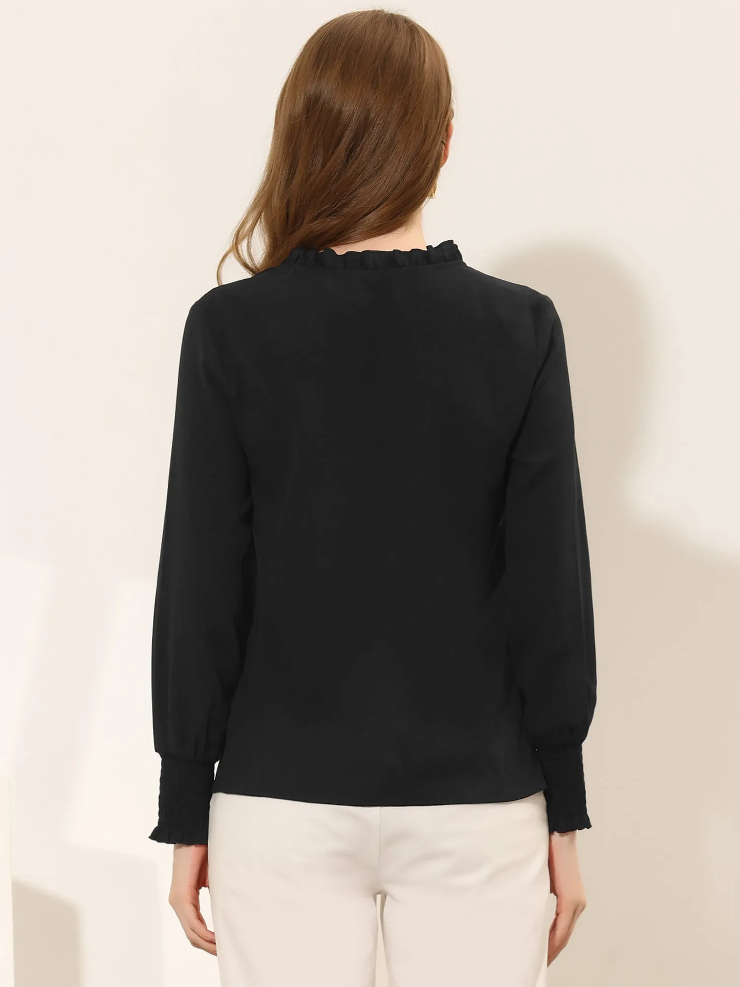 Office Shirt V Neck Smocked Long Sleeve Solid Chiffon Blouse sold by Allegra K product image thumbnail 3