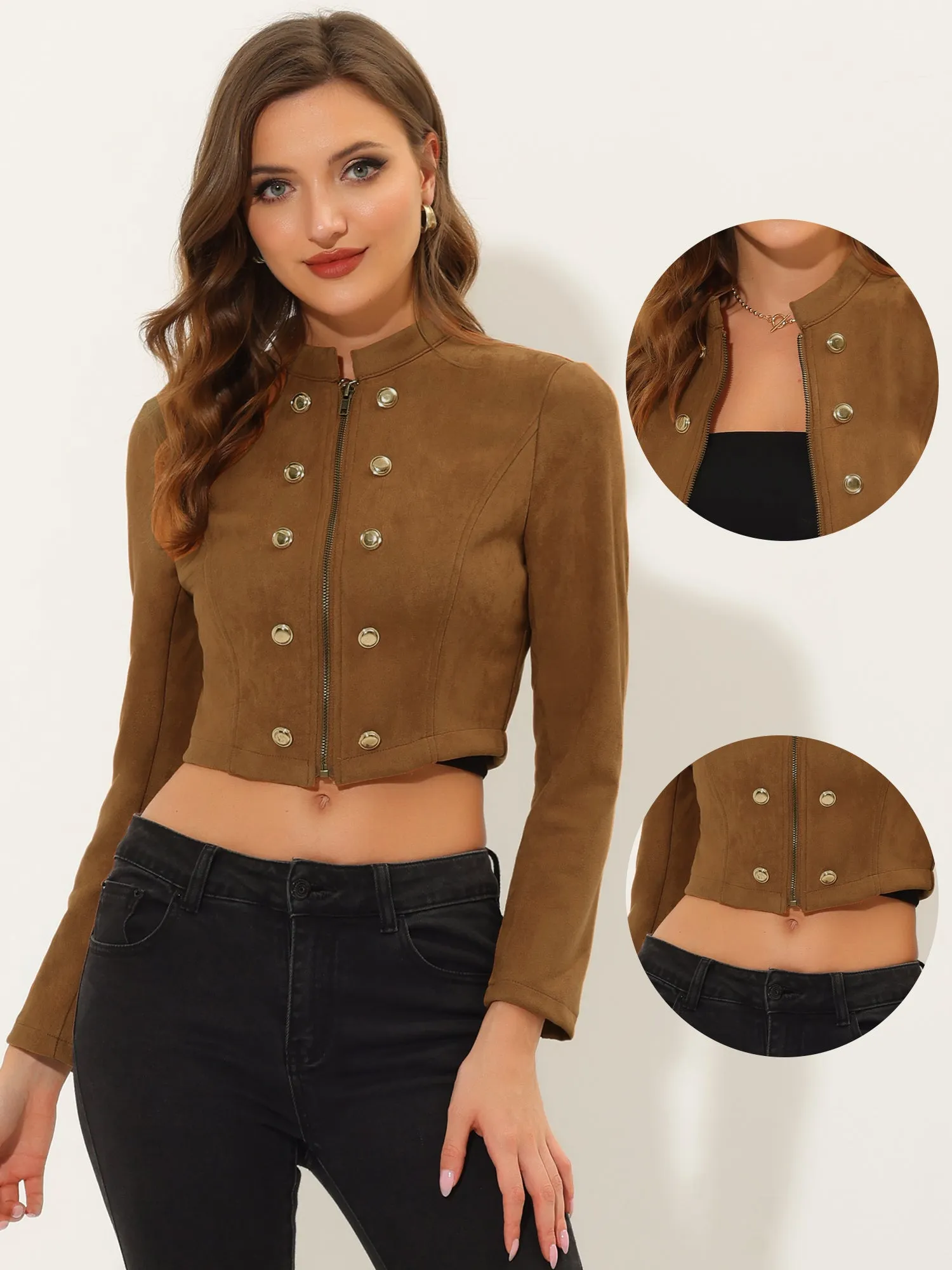 Cropped Long Sleeve Double Breasted Zip Up Faux Suede Jacket sold by Allegra K product image thumbnail 2