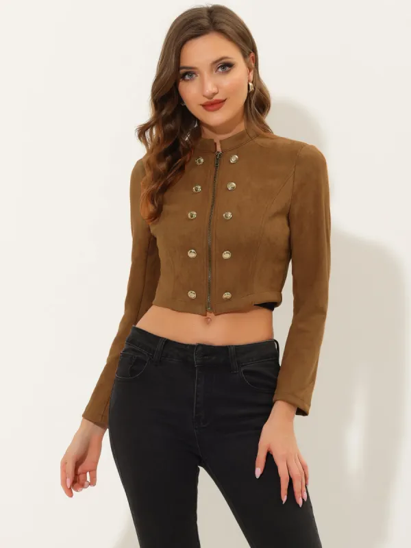 Cropped Long Sleeve Double Breasted Zip Up Faux Suede Jacket sold by Allegra K