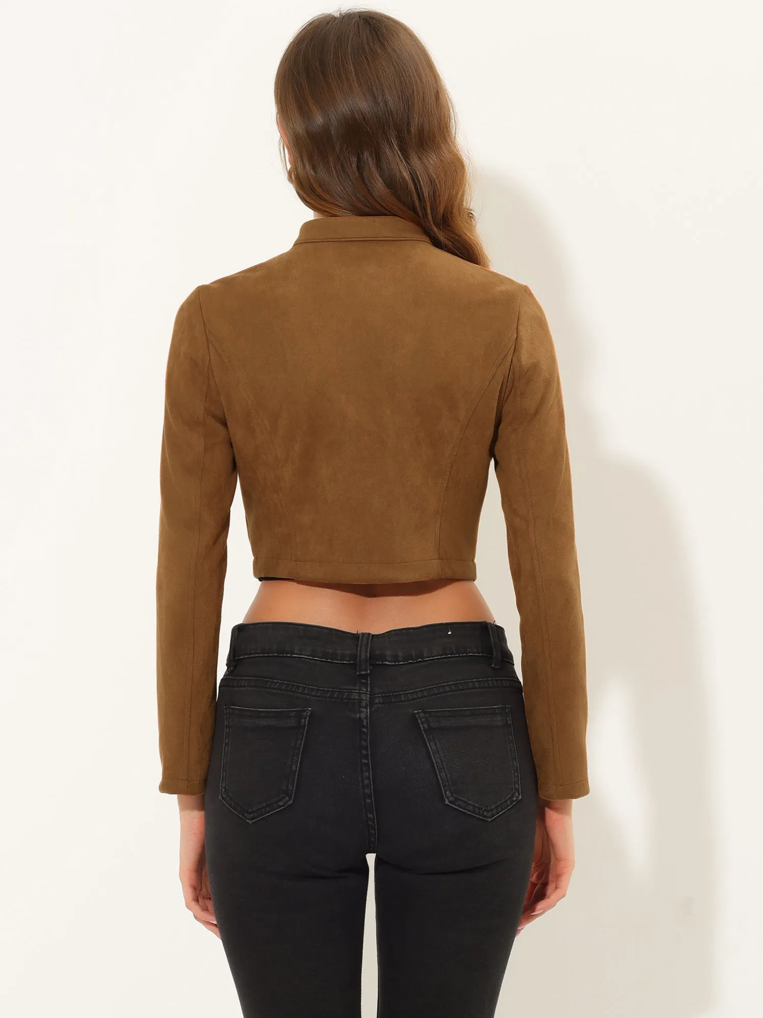 Cropped Long Sleeve Double Breasted Zip Up Faux Suede Jacket sold by Allegra K product image thumbnail 3