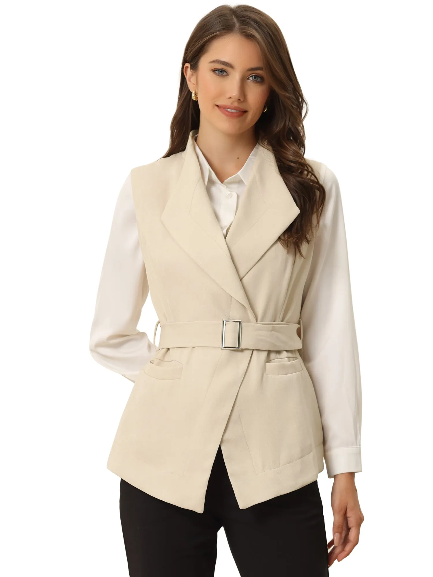 Sleeveless Casual Shawl Collar Belted Work Office Suit Jacket Vest sold by Allegra K product image thumbnail 5