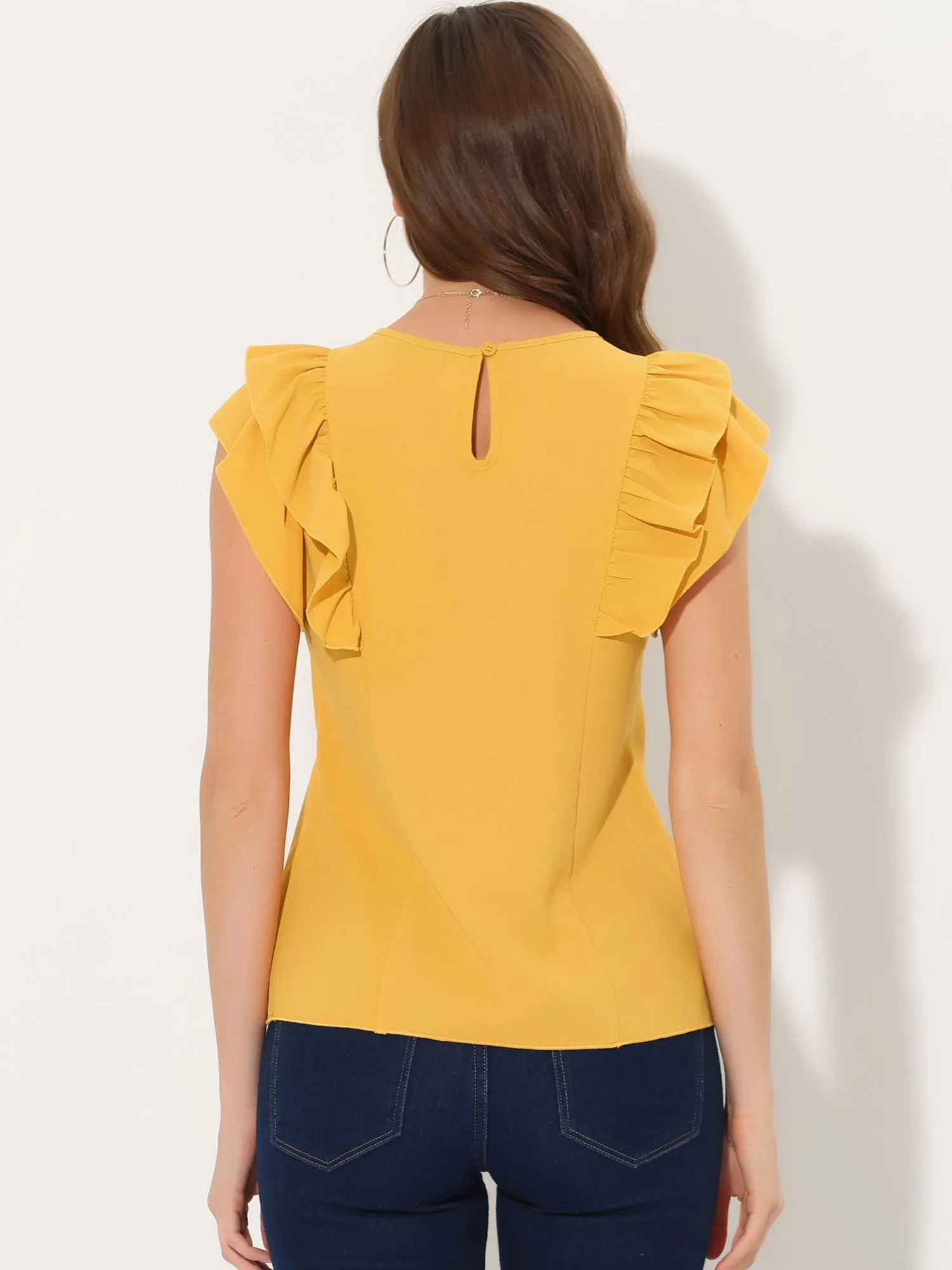 Ruffle Solid Round Neck Cap Sleeve Blouse Tops sold by Allegra K product image thumbnail 3
