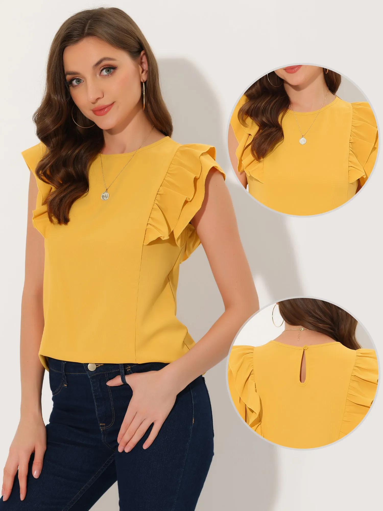 Ruffle Solid Round Neck Cap Sleeve Blouse Tops sold by Allegra K product image thumbnail 2