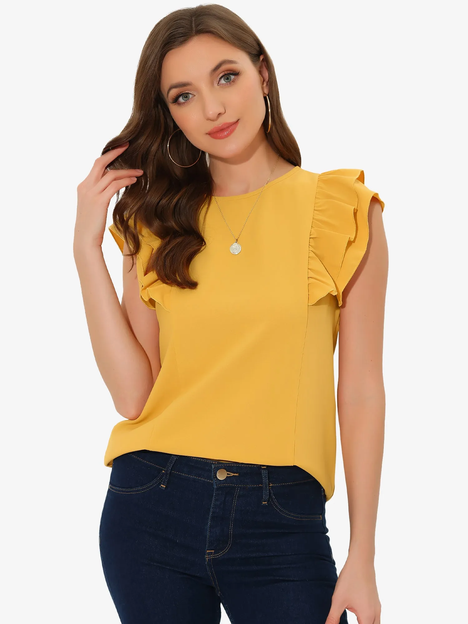 Ruffle Solid Round Neck Cap Sleeve Blouse Tops sold by Allegra K