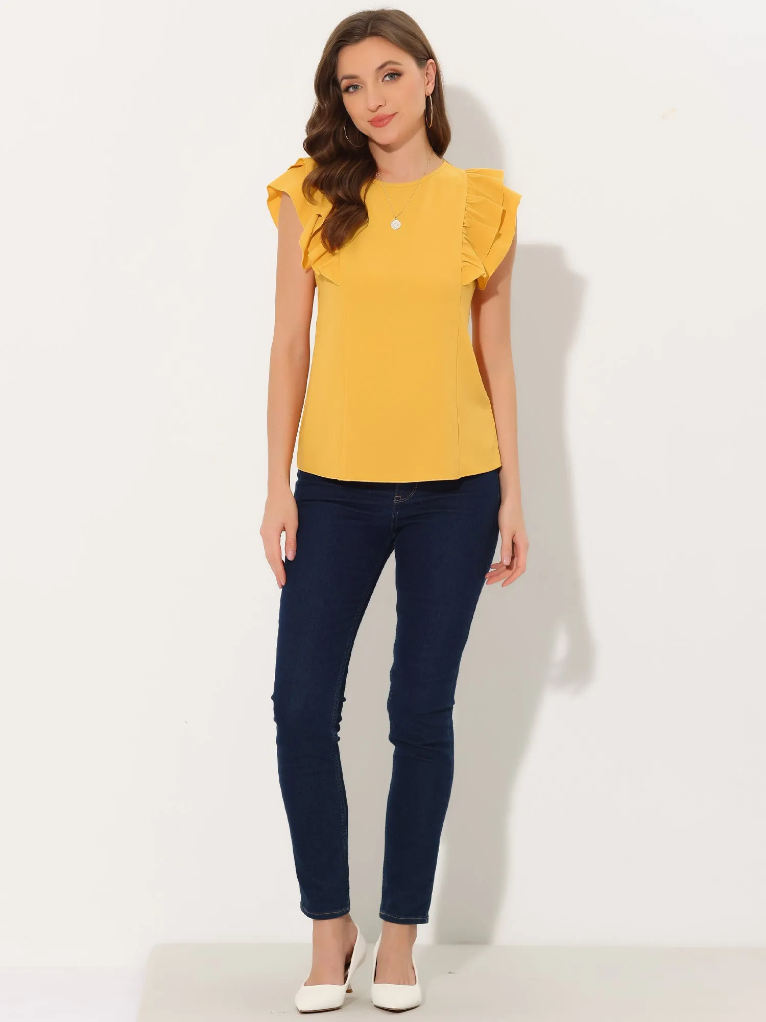 Ruffle Solid Round Neck Cap Sleeve Blouse Tops sold by Allegra K product image thumbnail 4