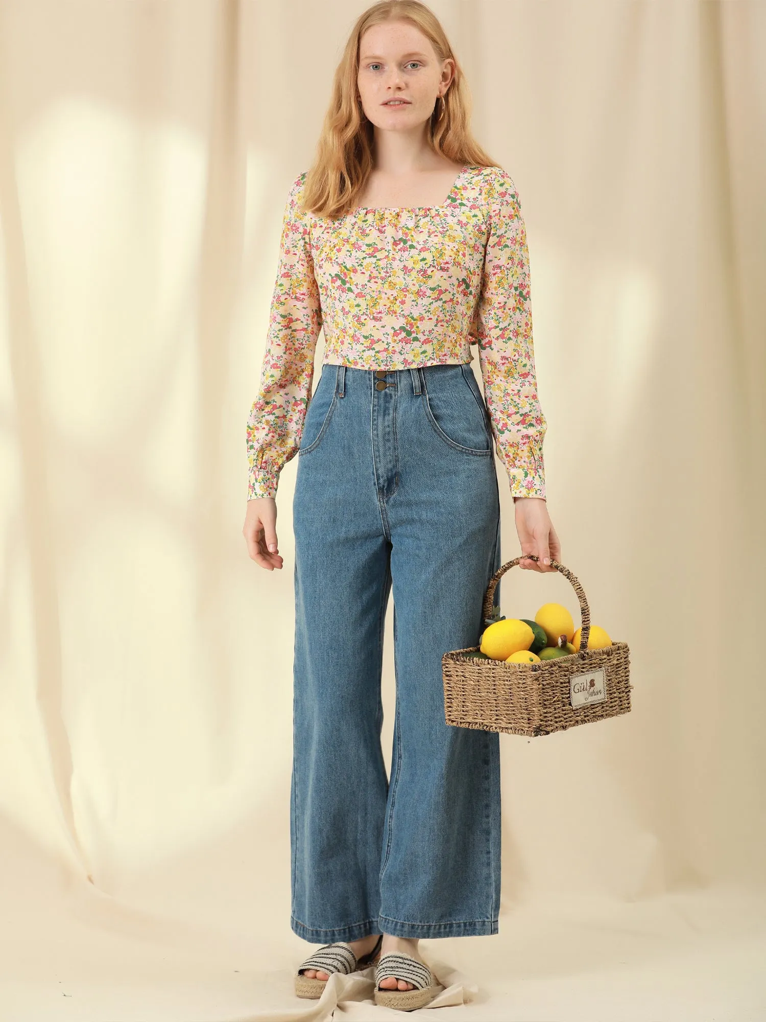 Floral Tie Back Blouse Long Sleeve Square Neck Cropped Top sold by Allegra K product image thumbnail 3