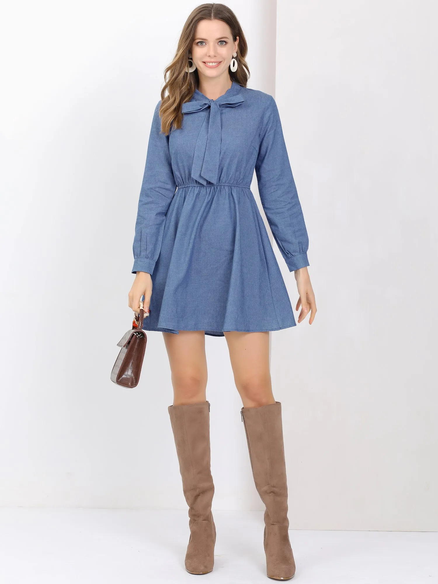 Denim Bow Tie Neck Long Sleeve Chambray Fit and Flare Mini Dress sold by Allegra K product image thumbnail 2
