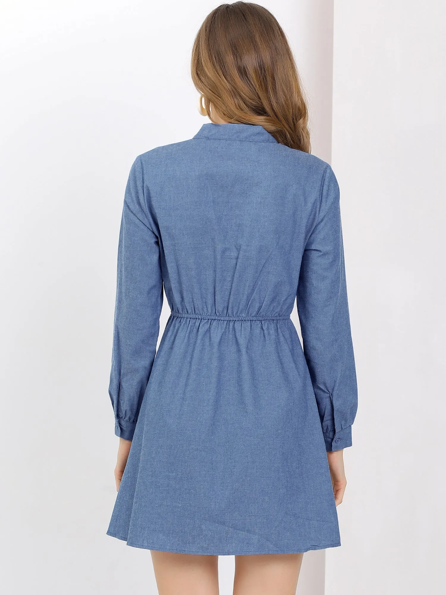 Denim Bow Tie Neck Long Sleeve Chambray Fit and Flare Mini Dress sold by Allegra K product image thumbnail 3