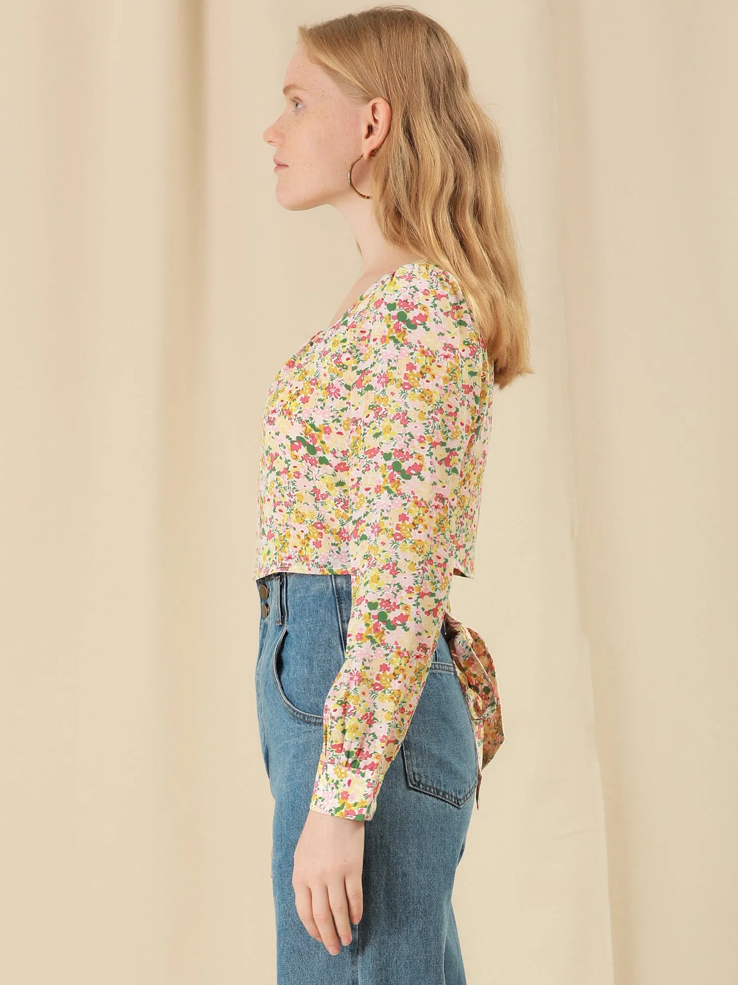 Floral Tie Back Blouse Long Sleeve Square Neck Cropped Top sold by Allegra K product image thumbnail 4