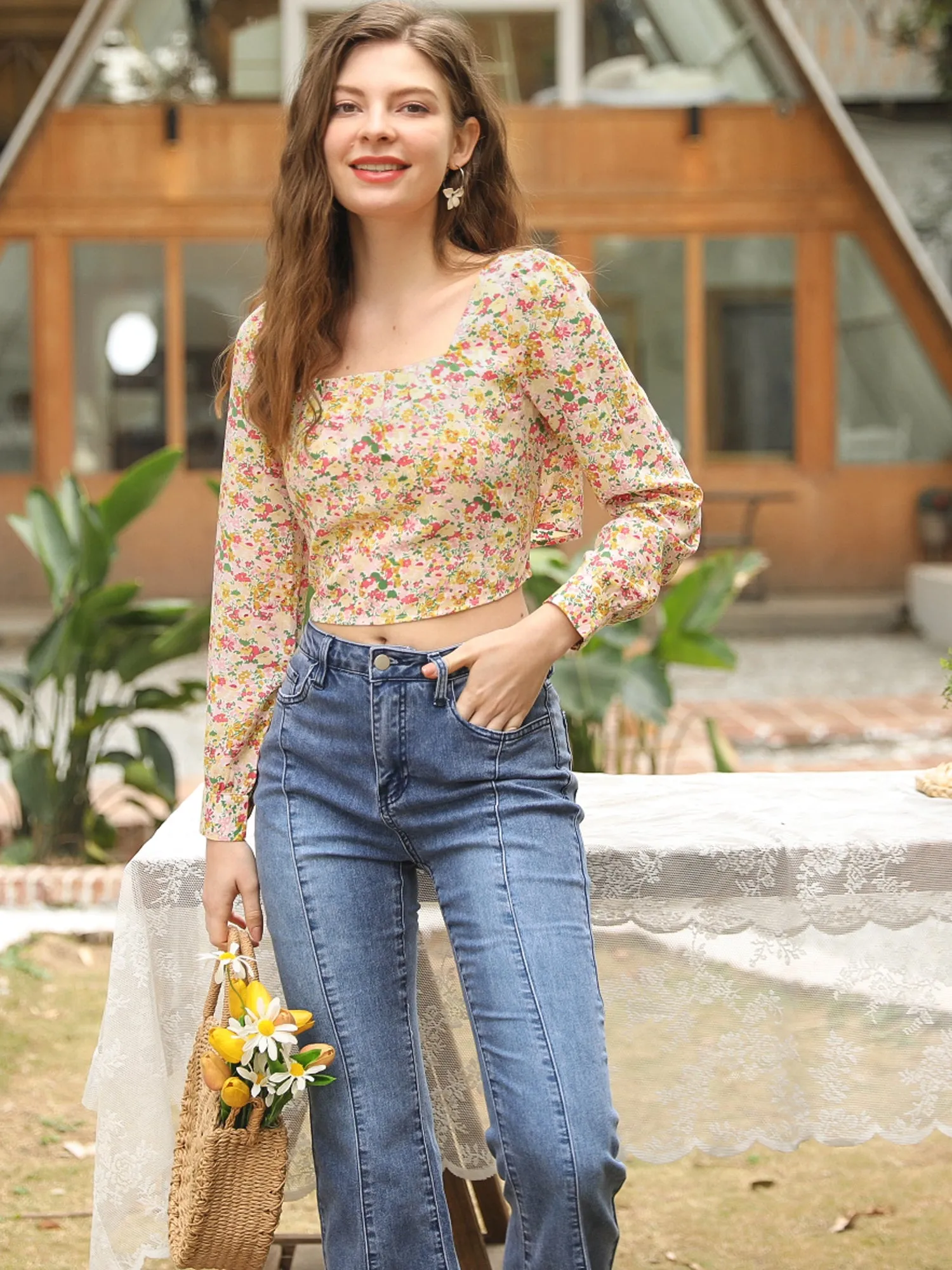 Floral Tie Back Blouse Long Sleeve Square Neck Cropped Top sold by Allegra K