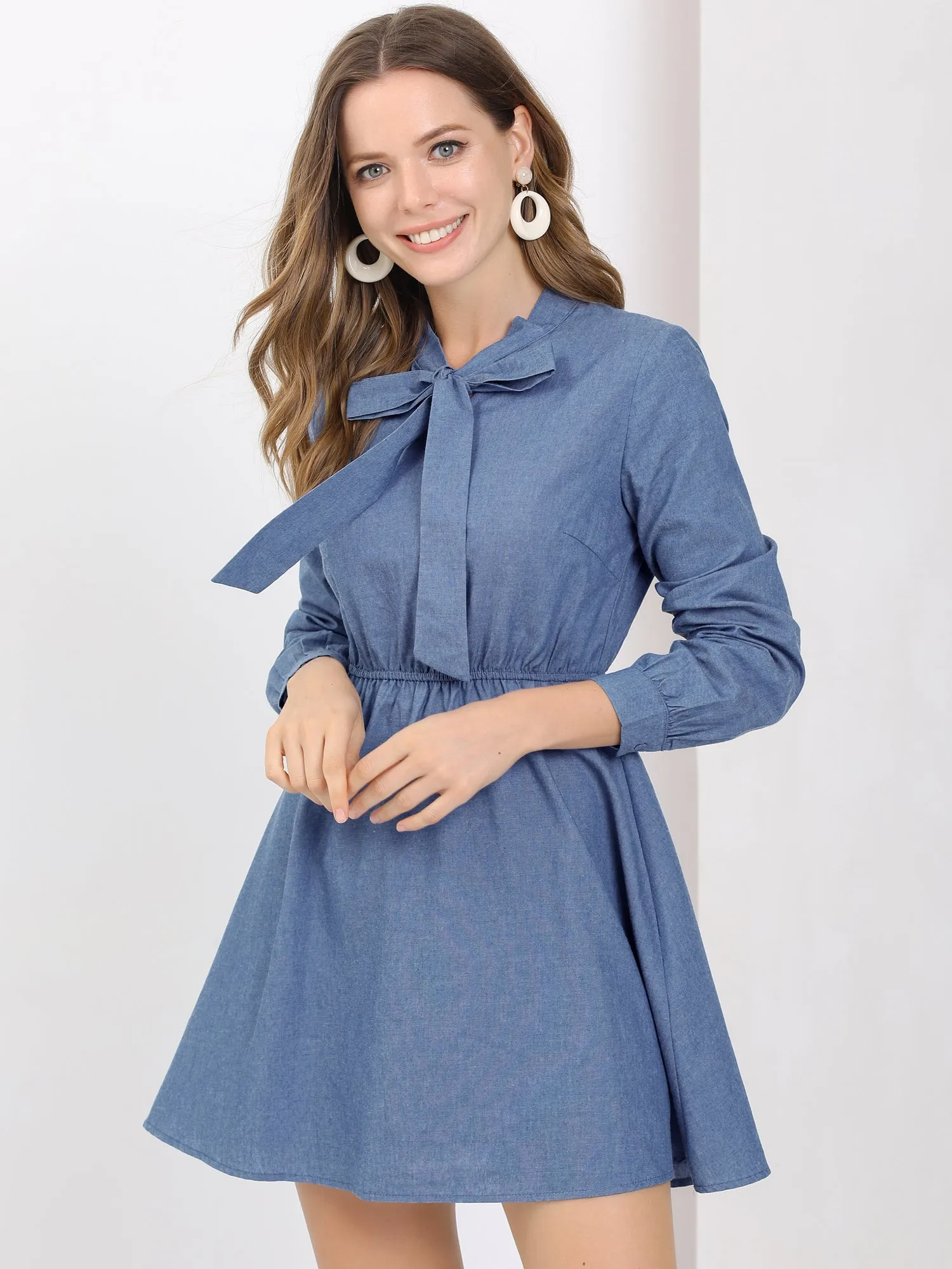 Denim Bow Tie Neck Long Sleeve Chambray Fit and Flare Mini Dress sold by Allegra K