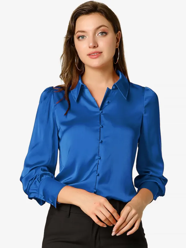 Satin Puff Sleeve Point Collar Vintage Button Up Blouse sold by Allegra K