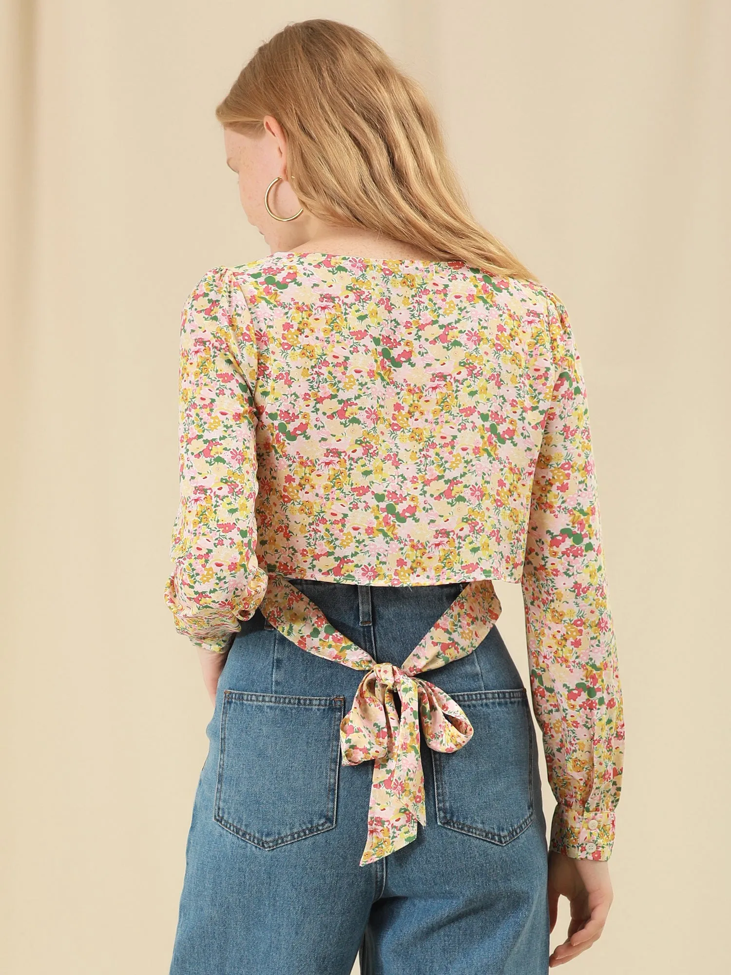 Floral Tie Back Blouse Long Sleeve Square Neck Cropped Top sold by Allegra K product image thumbnail 2