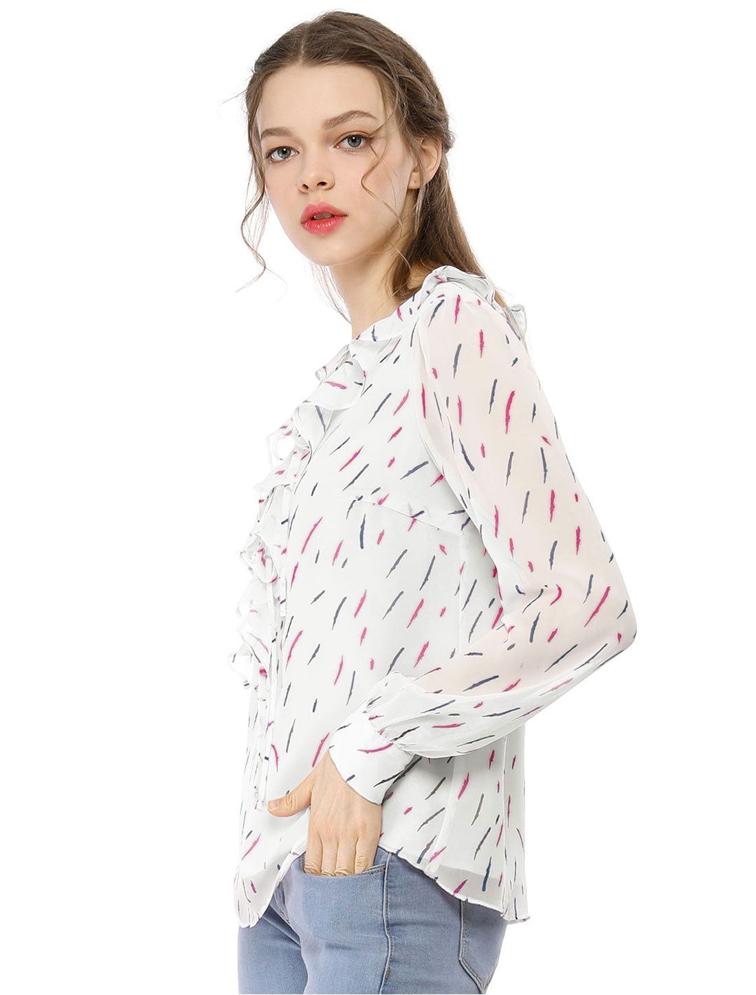 Ruffled Tie Neck Long Sleeve Chiffon Blouse Top sold by Allegra K product image thumbnail 3