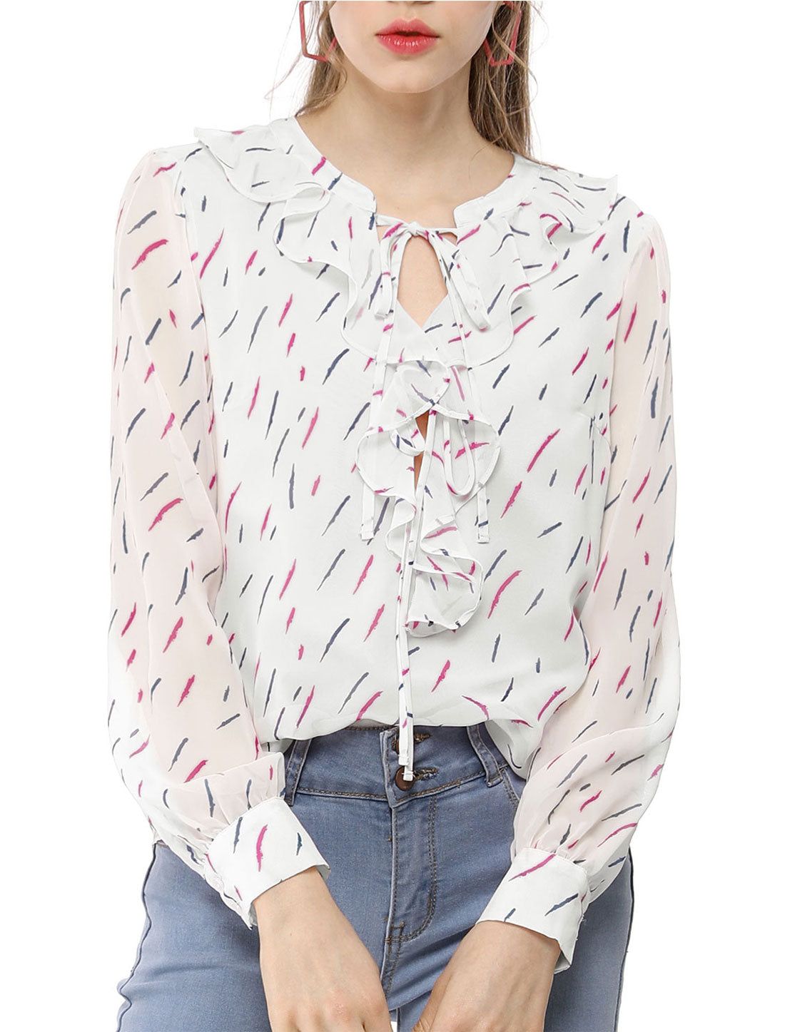 Ruffled Tie Neck Long Sleeve Chiffon Blouse Top sold by Allegra K