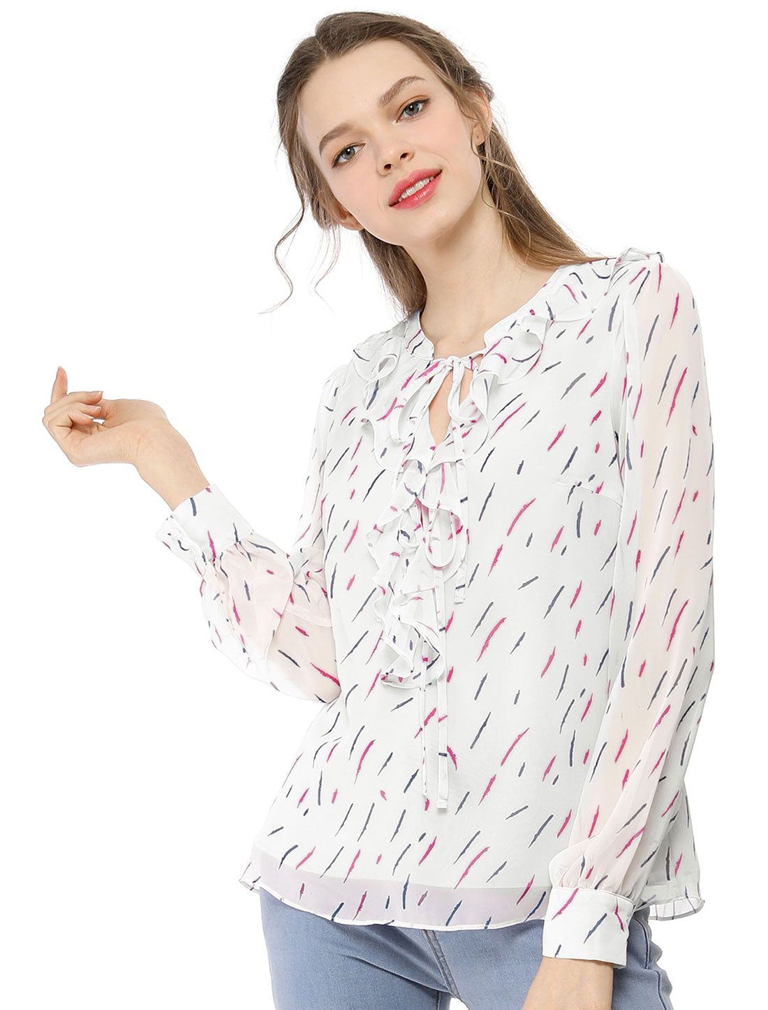 Ruffled Tie Neck Long Sleeve Chiffon Blouse Top sold by Allegra K product image thumbnail 2