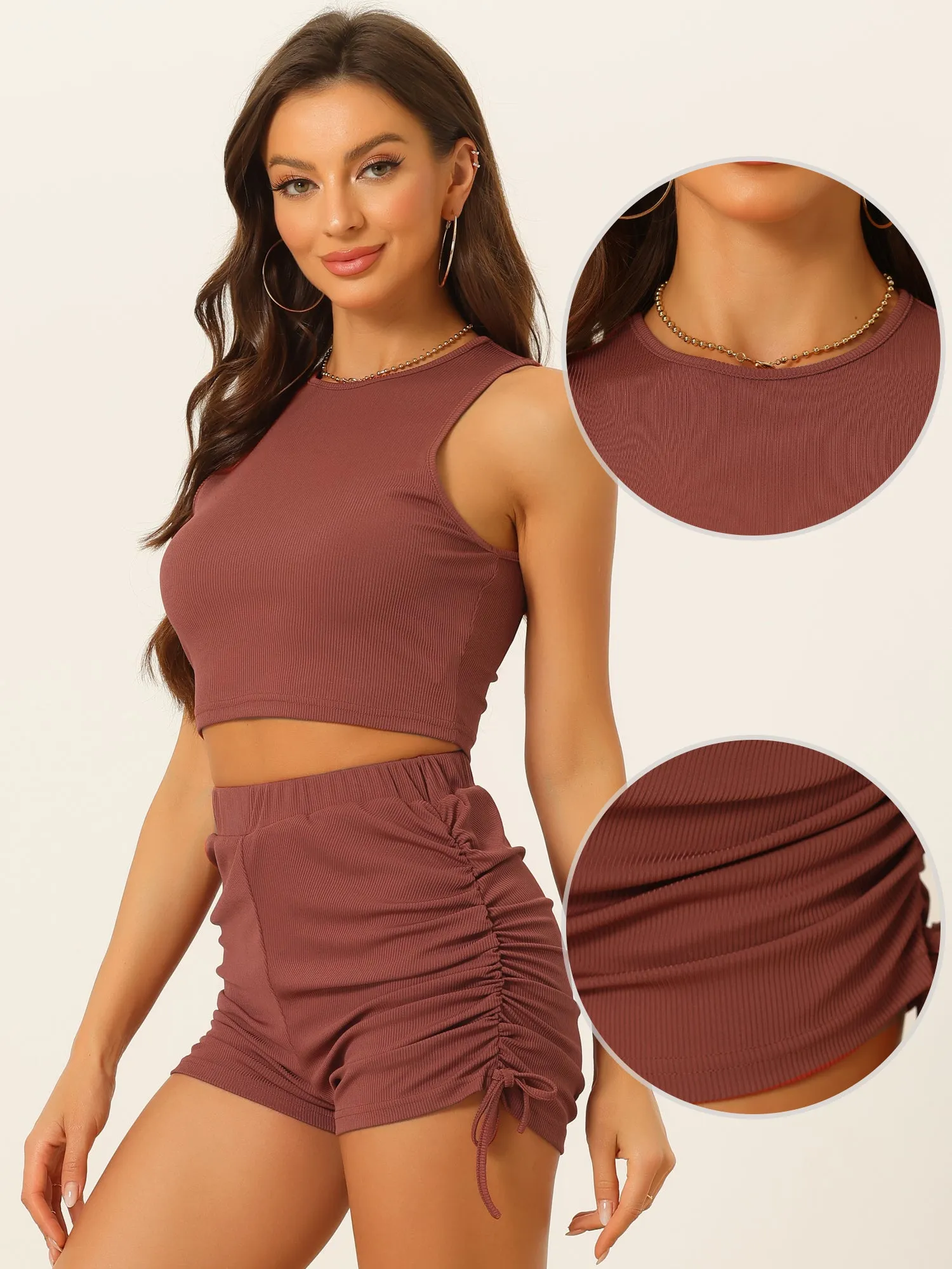 Summer 2 Piece Outfits Stretchy Ribbed Tank Crop Top Ruched Shorts Set sold by Allegra K