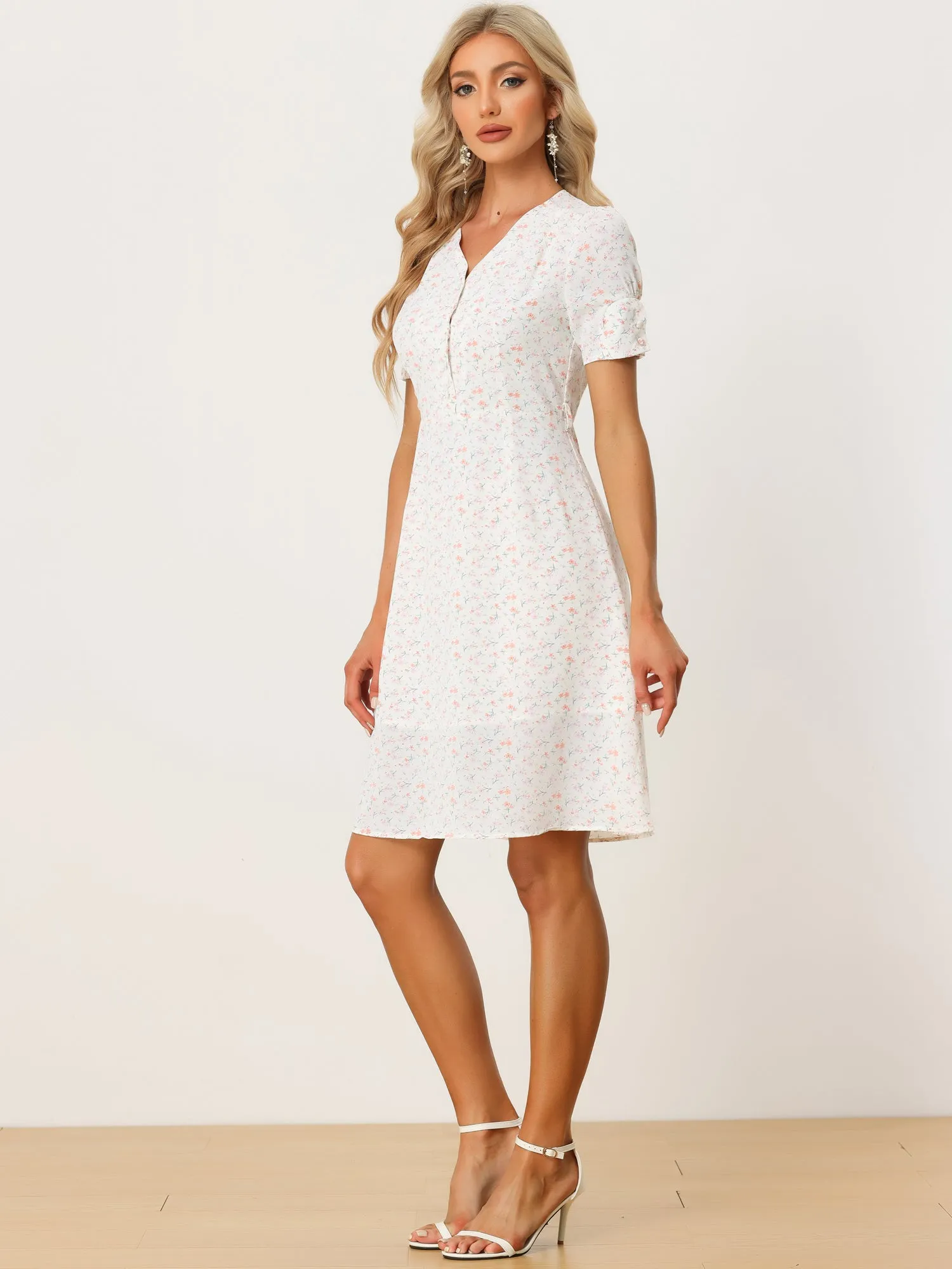 Spring Summer Floral Short Sleeve V Neck Belt Knee Length Dress sold by Allegra K product image thumbnail 2