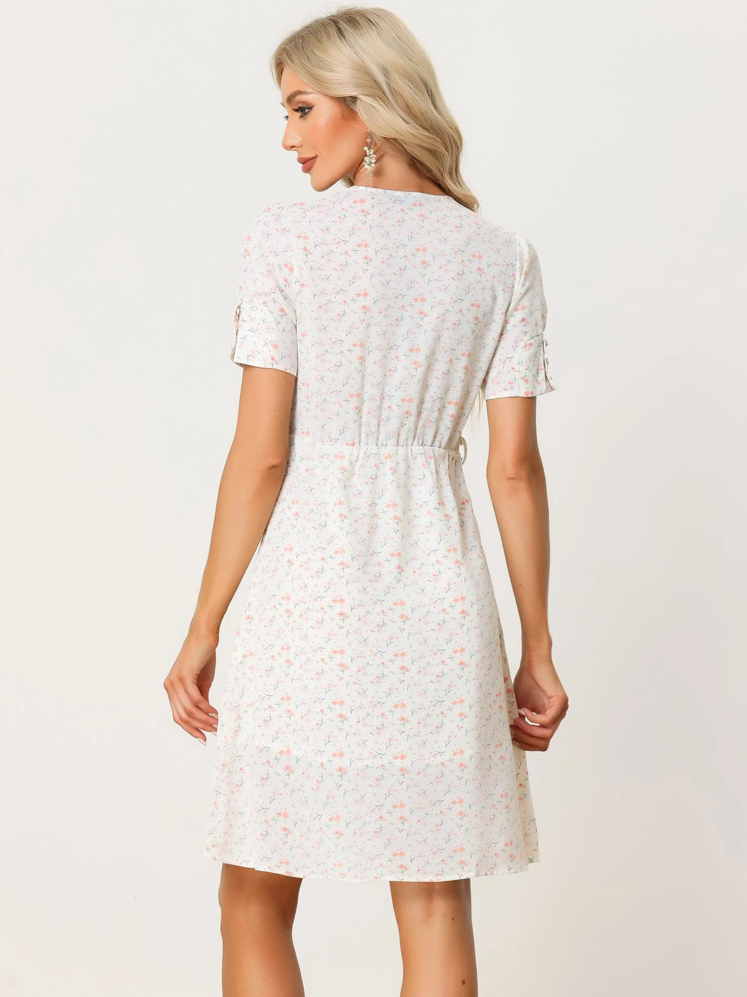 Spring Summer Floral Short Sleeve V Neck Belt Knee Length Dress sold by Allegra K product image thumbnail 3