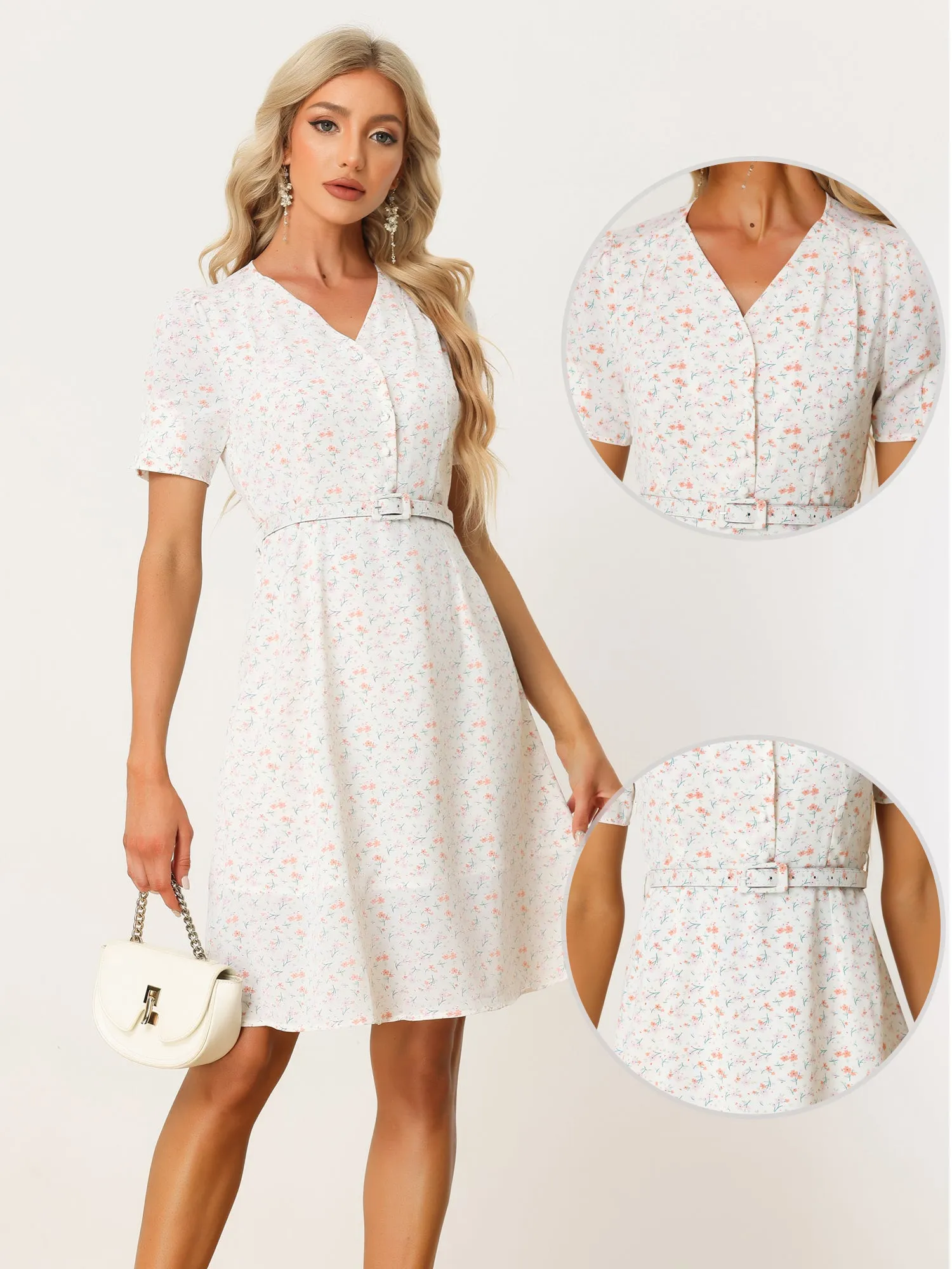 Spring Summer Floral Short Sleeve V Neck Belt Knee Length Dress sold by Allegra K